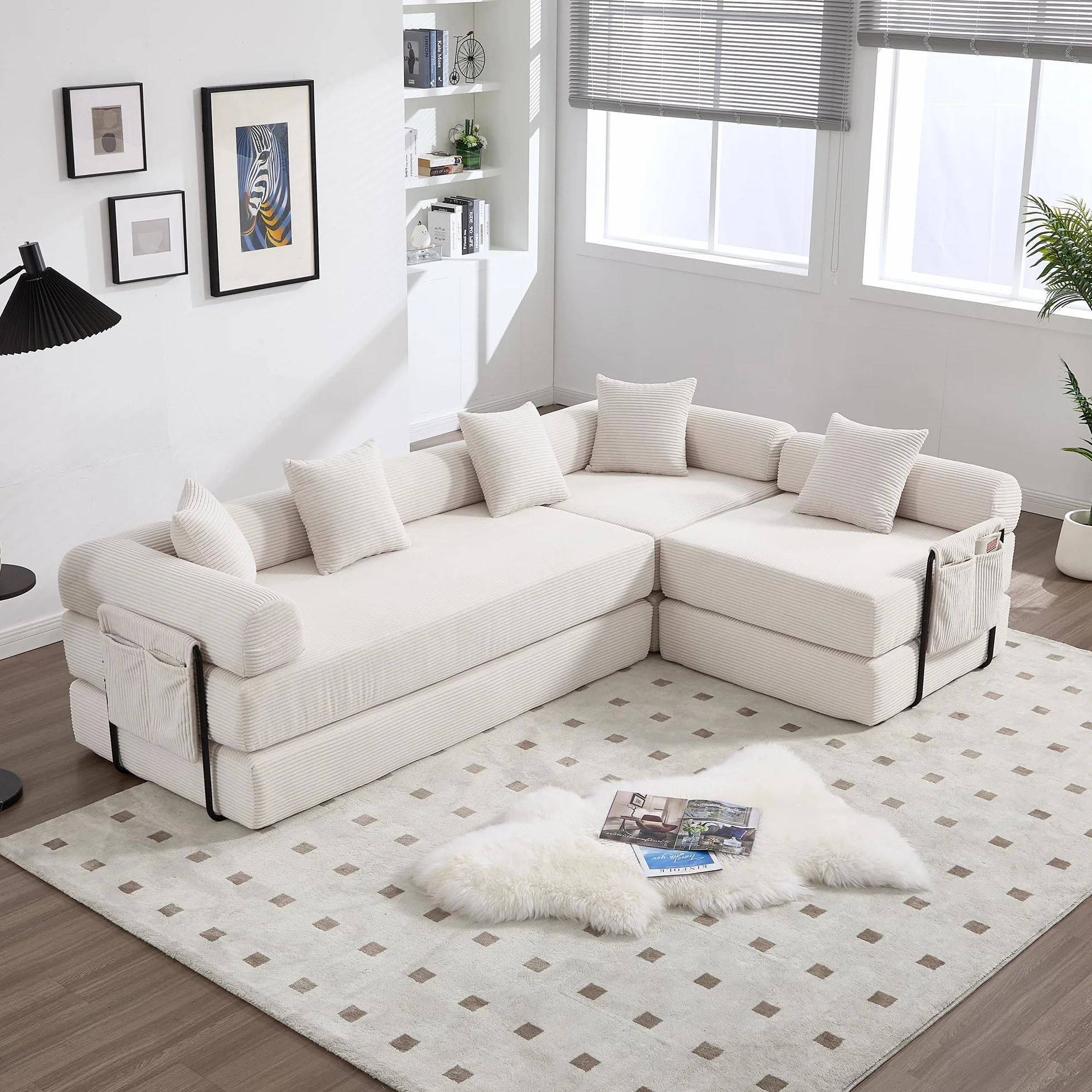 Lubvtti Sofá cama de 3 plazas con bolsillos laterales más 3 cojines, estructura de metal resistente, sofá modular plegable de compresión, sofá de 3 plazas de terciopelo acanalado (B-beige + 5 plazas)
