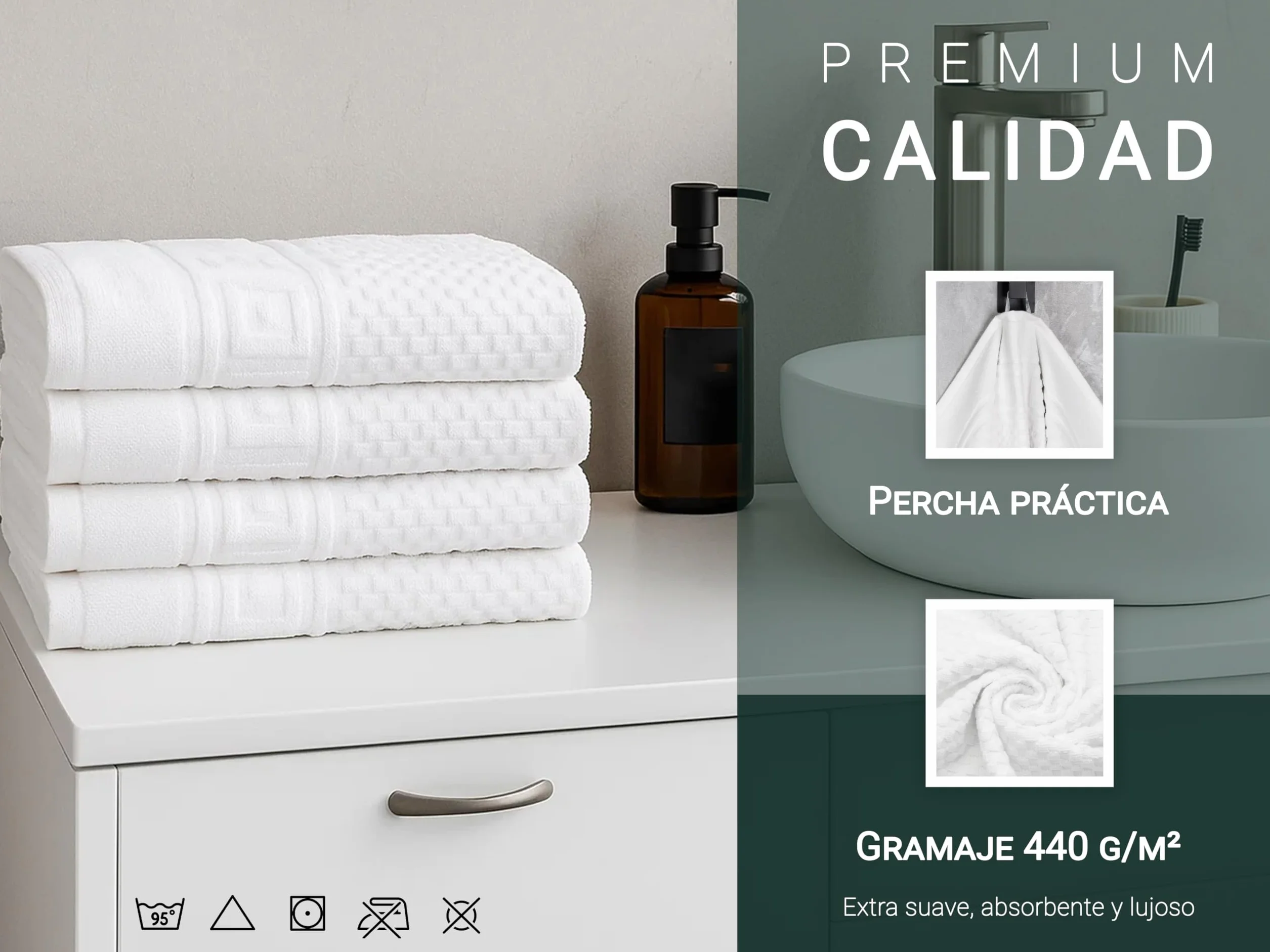 ZOLLNER Juego 4 Toallas 50x100 cm Algodón Blanco Gofre Lavable 95°C Oeko Tex
