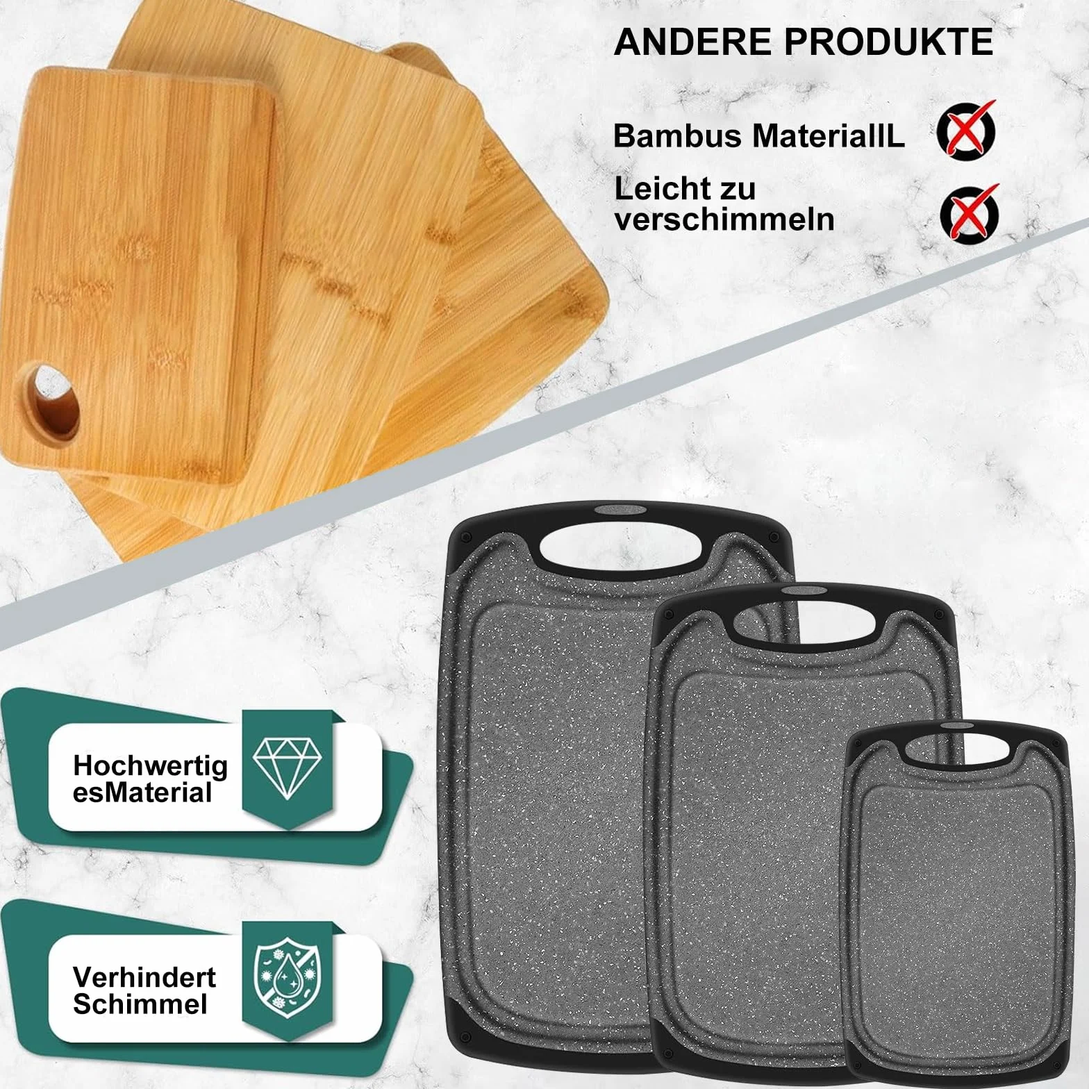 Juego de 3 tablas de cortar de plástico con canal antiderrame y orificios para guardar