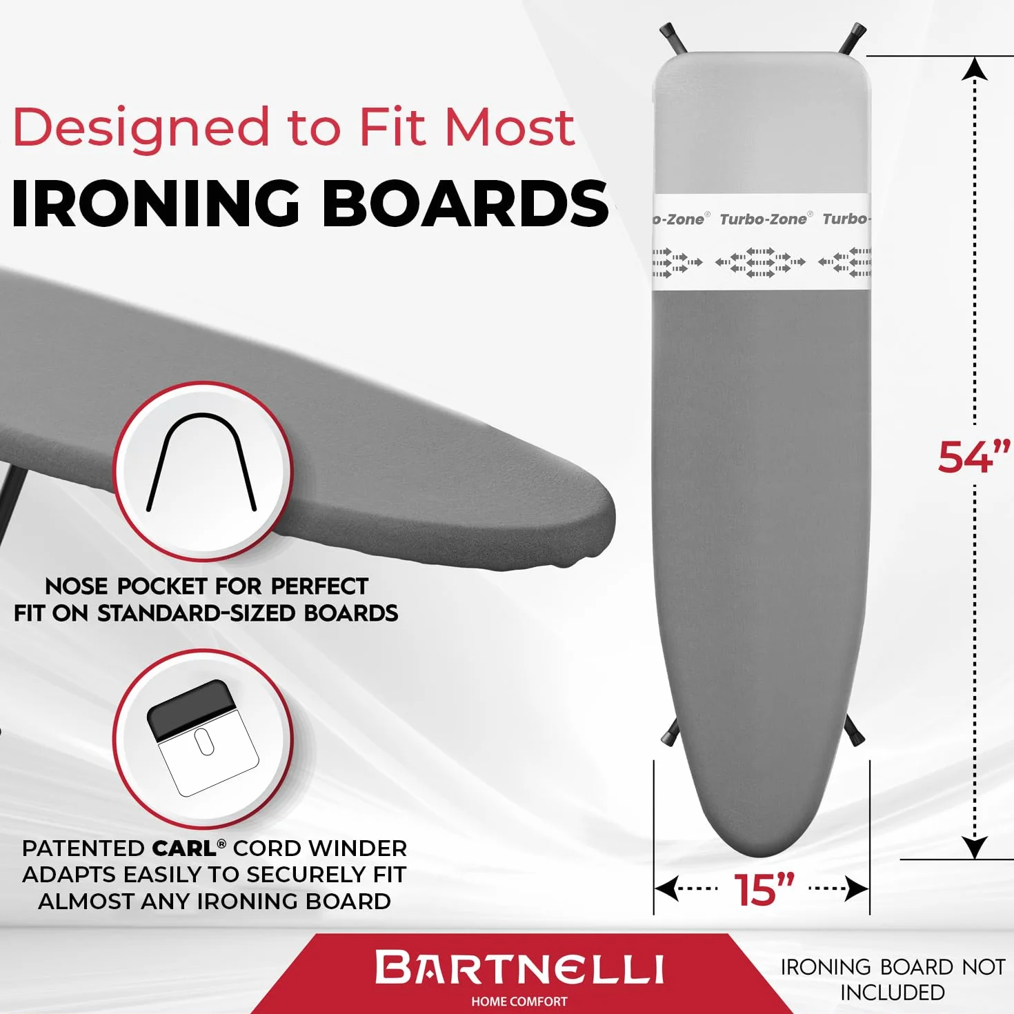 Bartnelli Funda y almohadilla para tabla de planchar, fabricada en Europa con nueva tecnología patentada, funda de repuesto para tabla de hierro de 54 x 15 pulgadas con zona Park & Turbo, resistente a