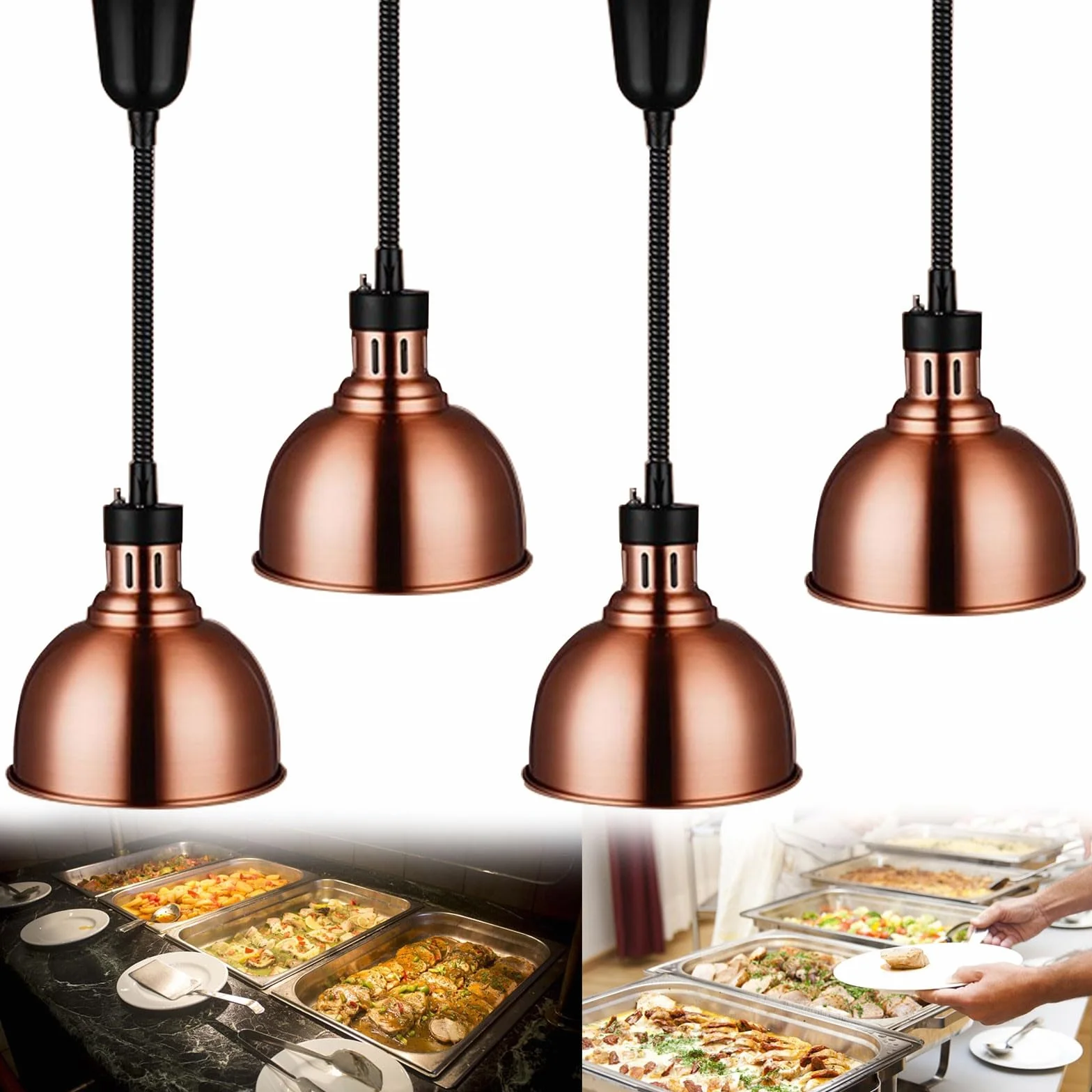 Lámpara de Calor de Alimentos de Acero Inoxidable, Calentadores de Comida con Interruptor Basculante, Lampara Calentamiento para Restaurante Buffet Fiestas, Ltura Ajustable de 65-170cm(Size:4 PCS)