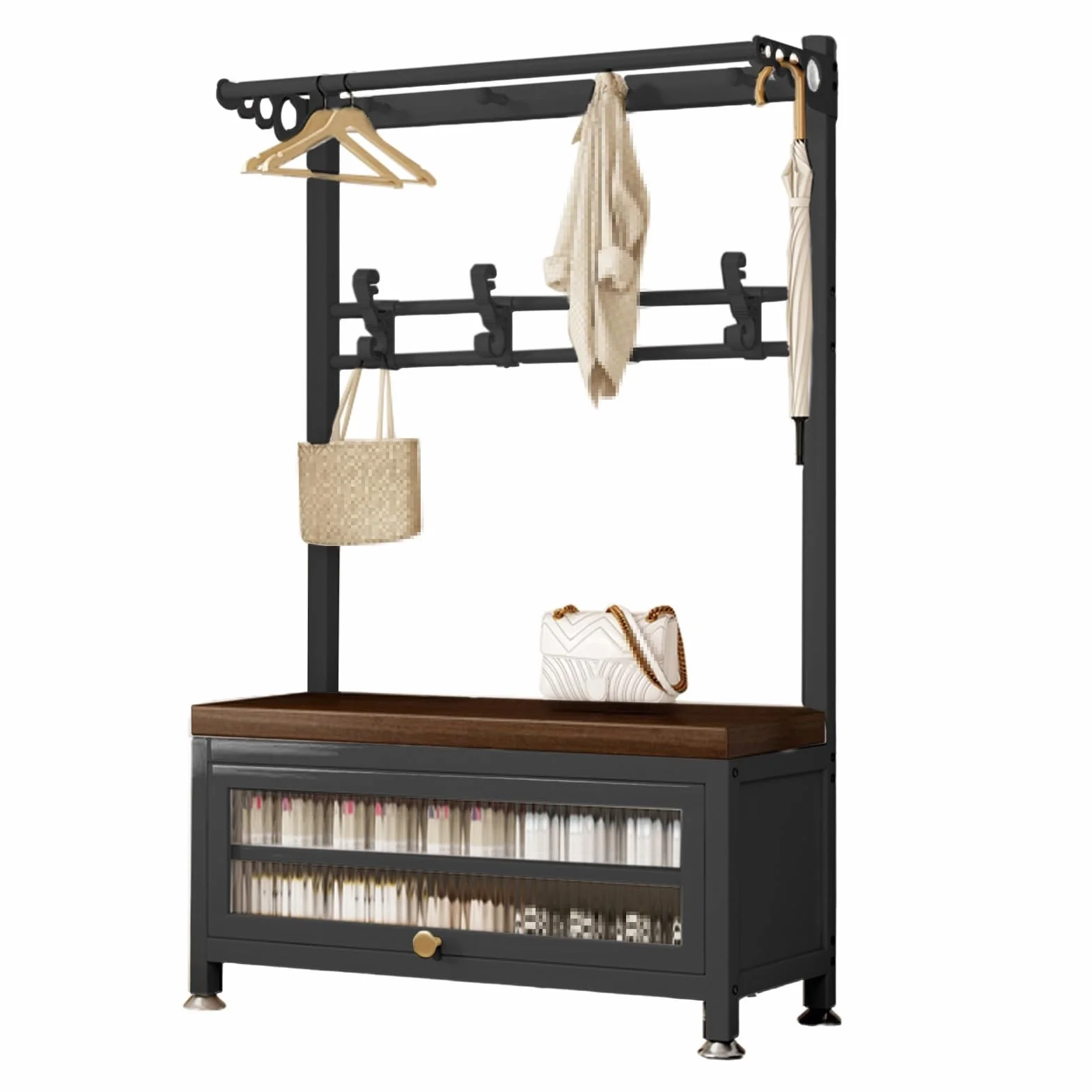 Perchero de Pie Blanco con Estante de Almacenamiento, 6 en 1 Perchero Entrada Recibidor con Banco de Almacenamiento, Mueble Recibidor para Dormitorio o Sala de Estar(Black,100cm/39in)