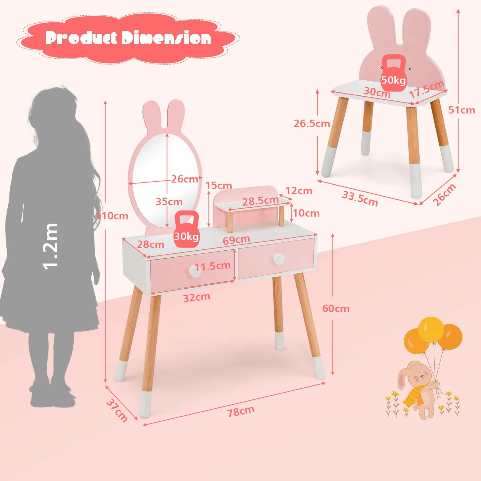 LIFEZEAL Tocador Infantil para niñas 3+, Juego de tocador con Taburete, Mesa de Maquillaje con Espejo en Forma de Conejo, Mesa Escritorio de Madera con 2 cajones y Estante（Rosa）