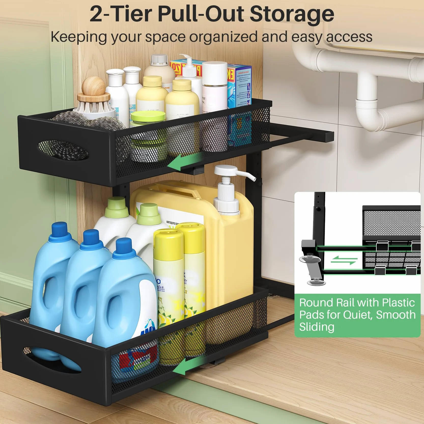 Kitstorack Organizador Bajo Fregadero de Metal 2 Niveles Cajones Deslizantes Altura Ajustable Negro