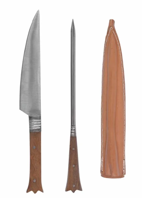 Battle-Merchant - Cubertería medieval de acero inoxidable, incluye estuche de piel, aprox. 19 cm, mango de madera.