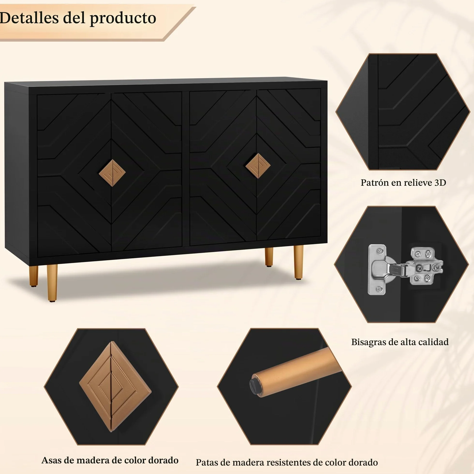HOLTICO Cómoda de 4 puertas, armario de cocina, armario de almacenamiento, armario para salón, cocina, dormitorio, negro