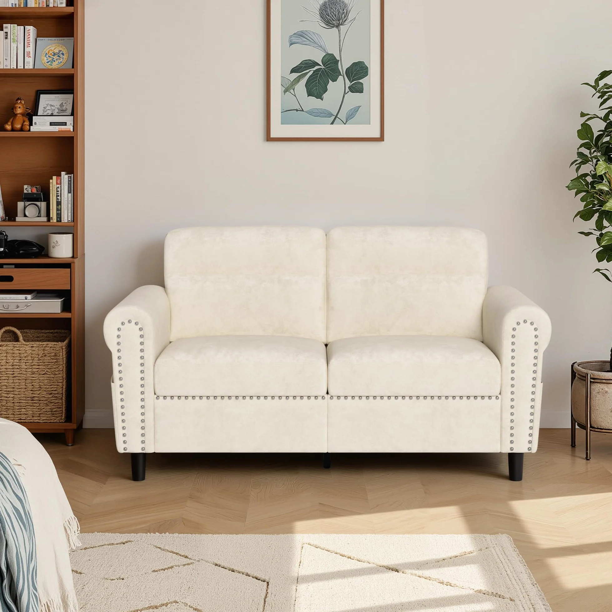 Sofá de 2 Plazas, Loveseat con Bolsillo Lateral, Sofá de Dos Plazas con Cojines Extraíbles para Salón, Dormitorio, Oficina, 152 x 76 x 84 cm (Beige)