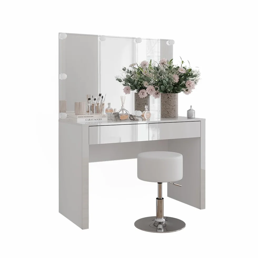 Vicco Tocador Annabelle, Blanco Alto Brillo/Blanco, 110 cm | con iluminación LED y taburete, Mantiene los productos de uso diario siempre al alcance de la mano