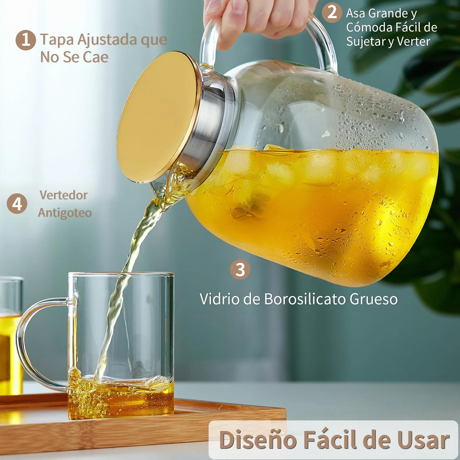MESNEY Tetera de Vidrio 2L Infusor Borosilicato Resistente al Calor Colador Tapa 2 en 1