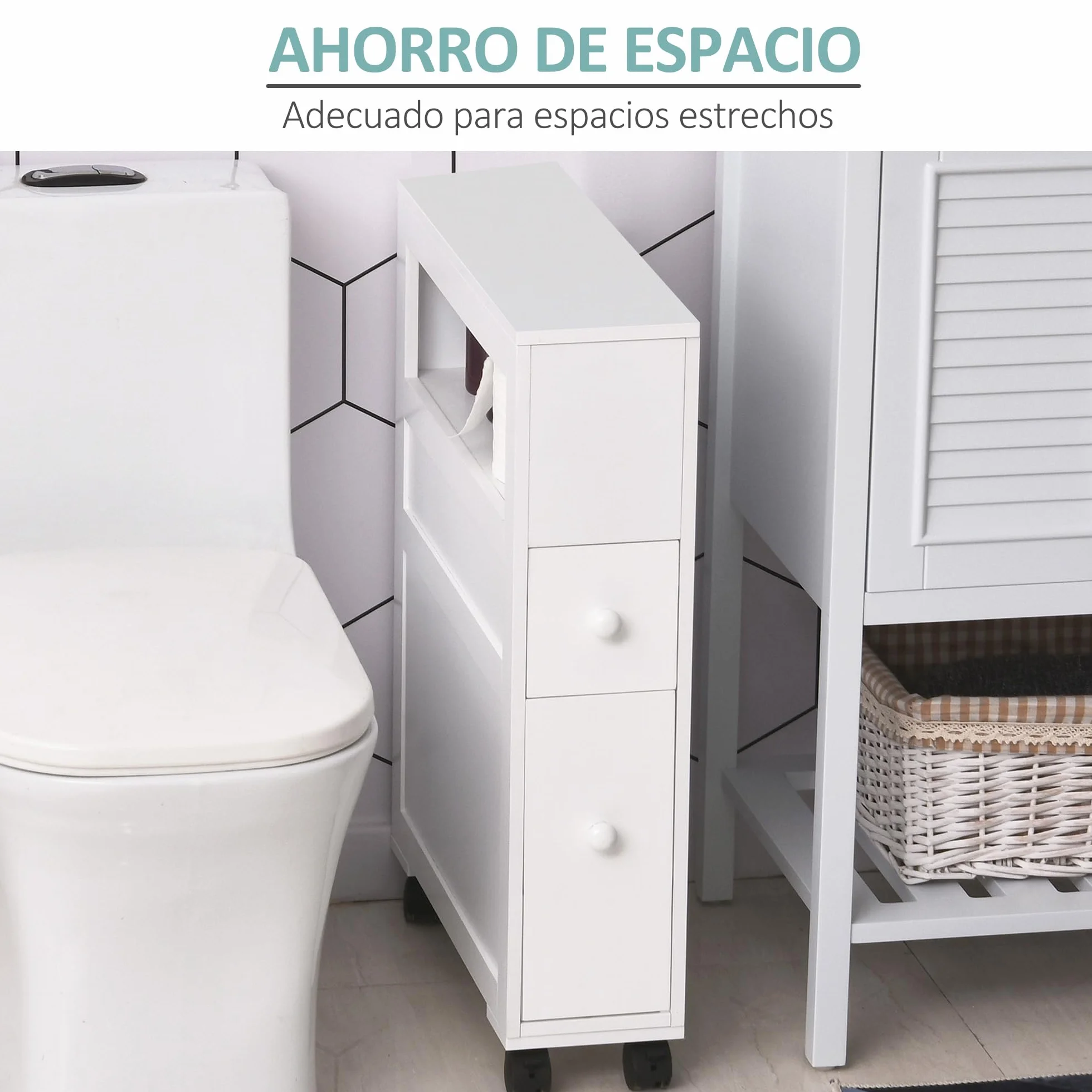 HOMCOM Armario de Baño con Ruedas Mueble de Baño Estrecho con 2 Cajones y Estante de Almacenamiento Carga 20 kg 16x52x71,5 cm Blanco