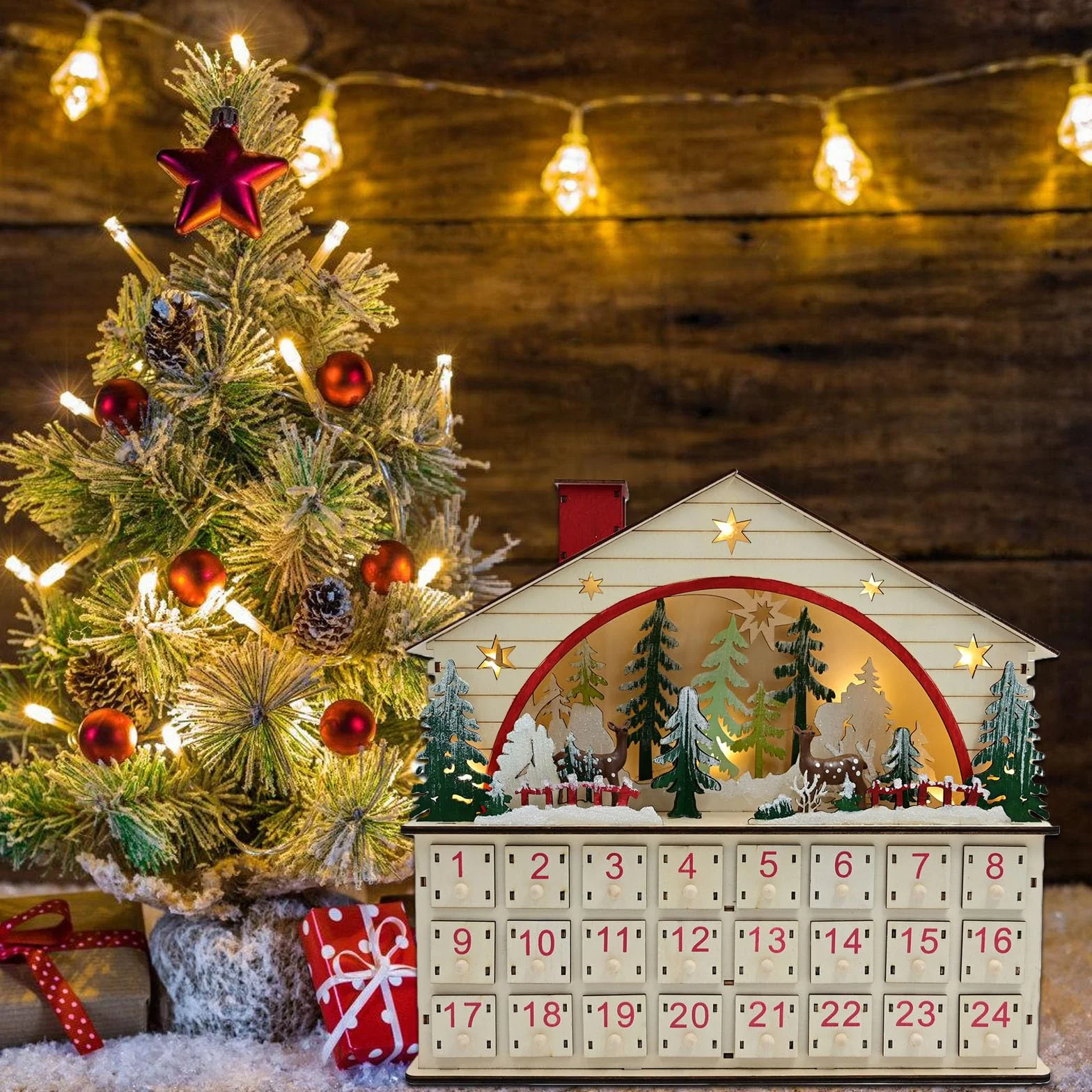 Calendario de Adviento de madera hecho a mano con luces LED, cuenta regresiva navideña con pilas Decoración navideña Calendario de Adviento LED navideño de madera
