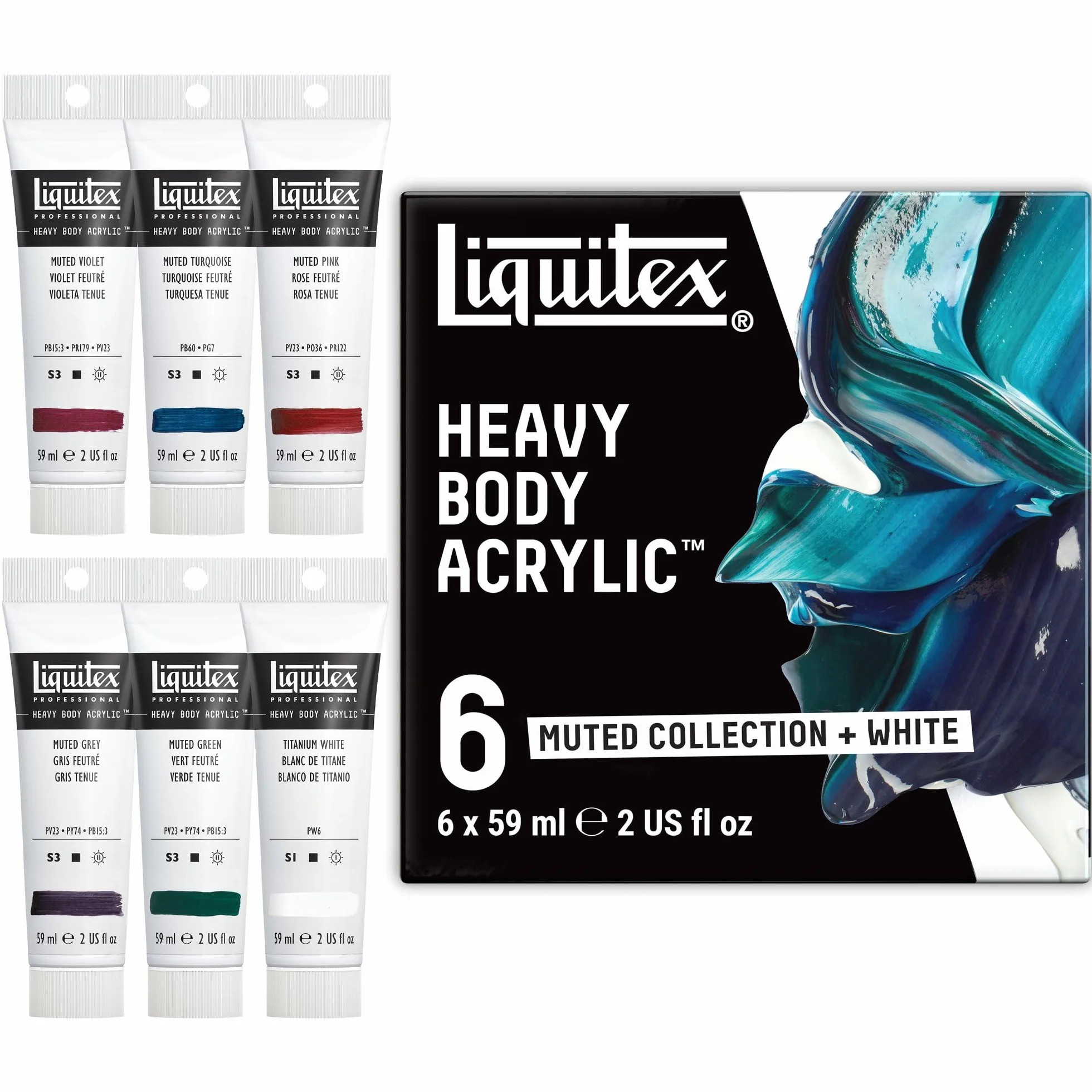 Liquitex Profesional Heavy Body - Pintura acrílica profesional de cuerpo espeso, set de 6 tubos de 59 ml, colores tenues de la colección "Muted Collection" + Blanco