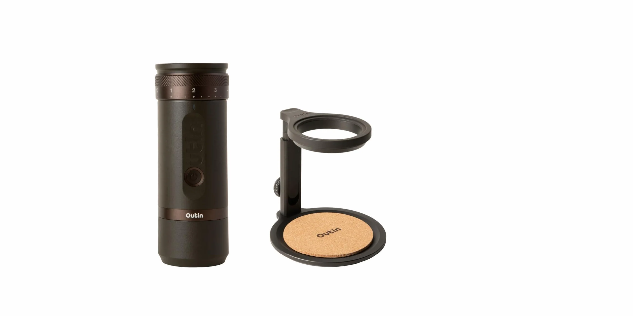 OutIn Fino Molinillo de café eléctrico portátil con OutIn Soporte universal para café (con base de corcho)