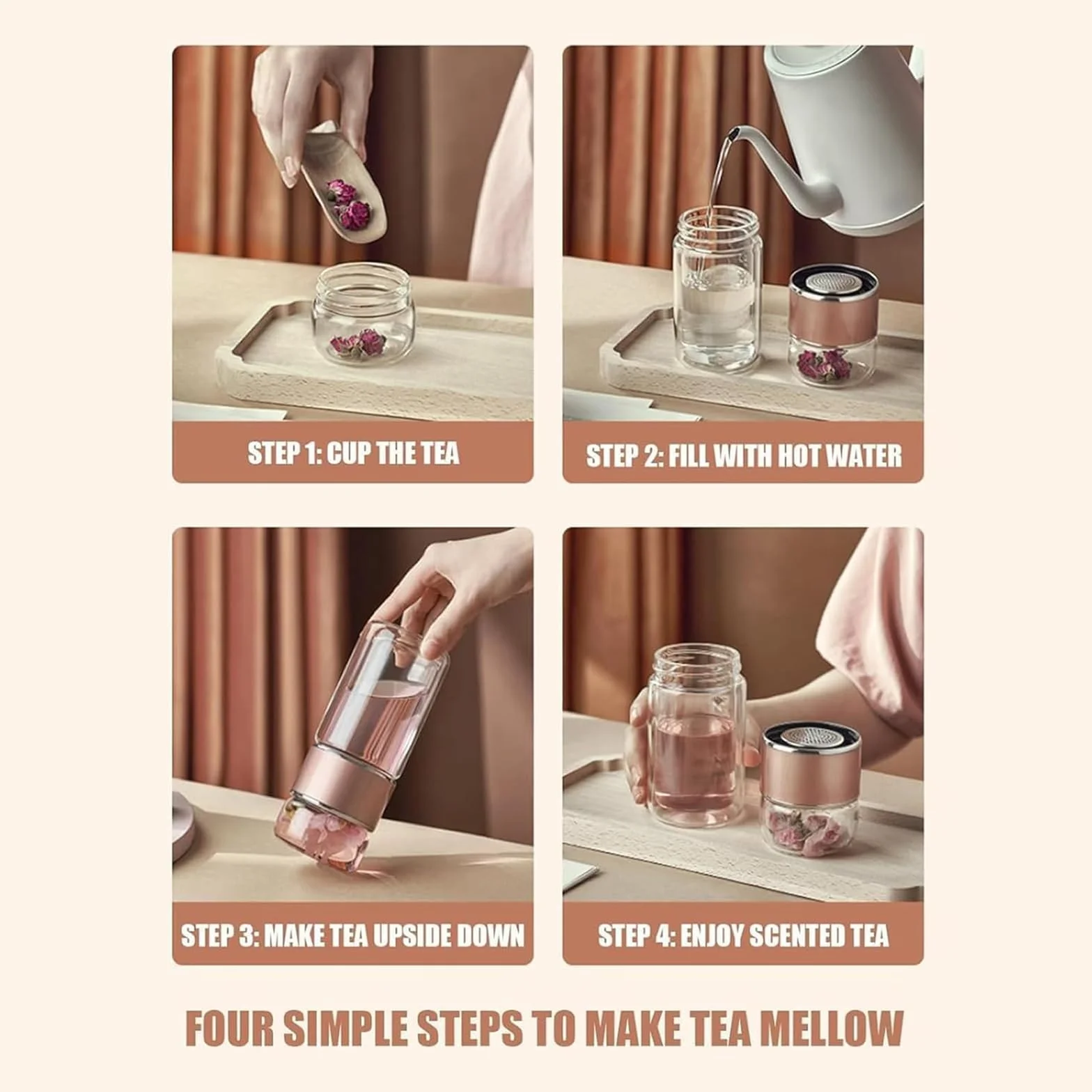 Botella infusora de té de vidrio de doble capa, máquina de té 3 en 1 de hojas sueltas y empinadora para preparar té suelto de 350 ml