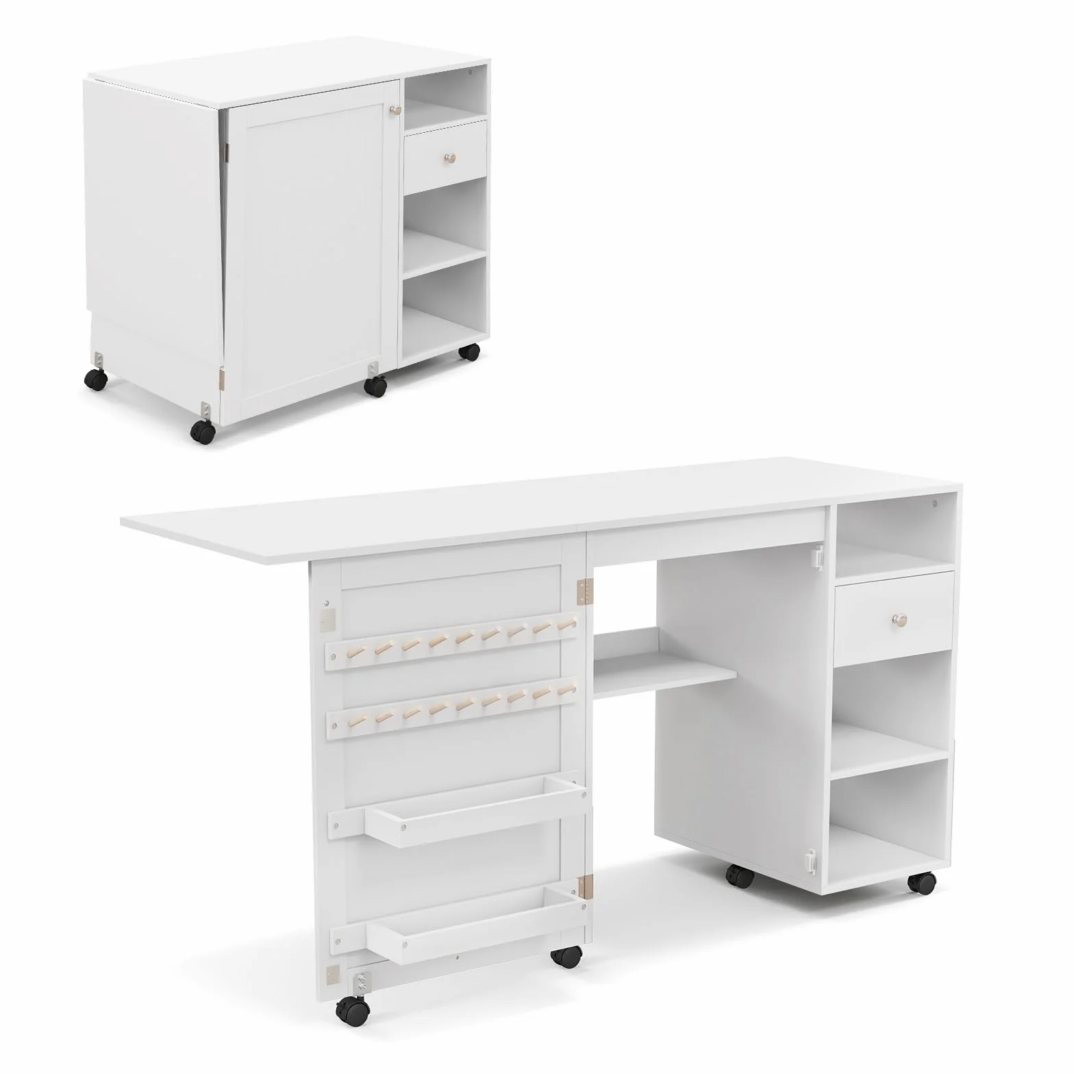 LIFEZEAL Mesa de Costura Plegable, Armario para Máquina de Coser con Estantes de Almacenaje, Ganchos, Escritorio de Costura Ajustable con 6 Ruedas de Bloqueo, Diseño Compacto