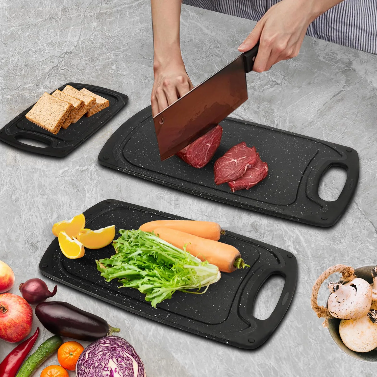 Set de 3 Tablas de Cortar de Plástico Sin BPA con Asas y Ranura para Jugo Antideslizante Negro