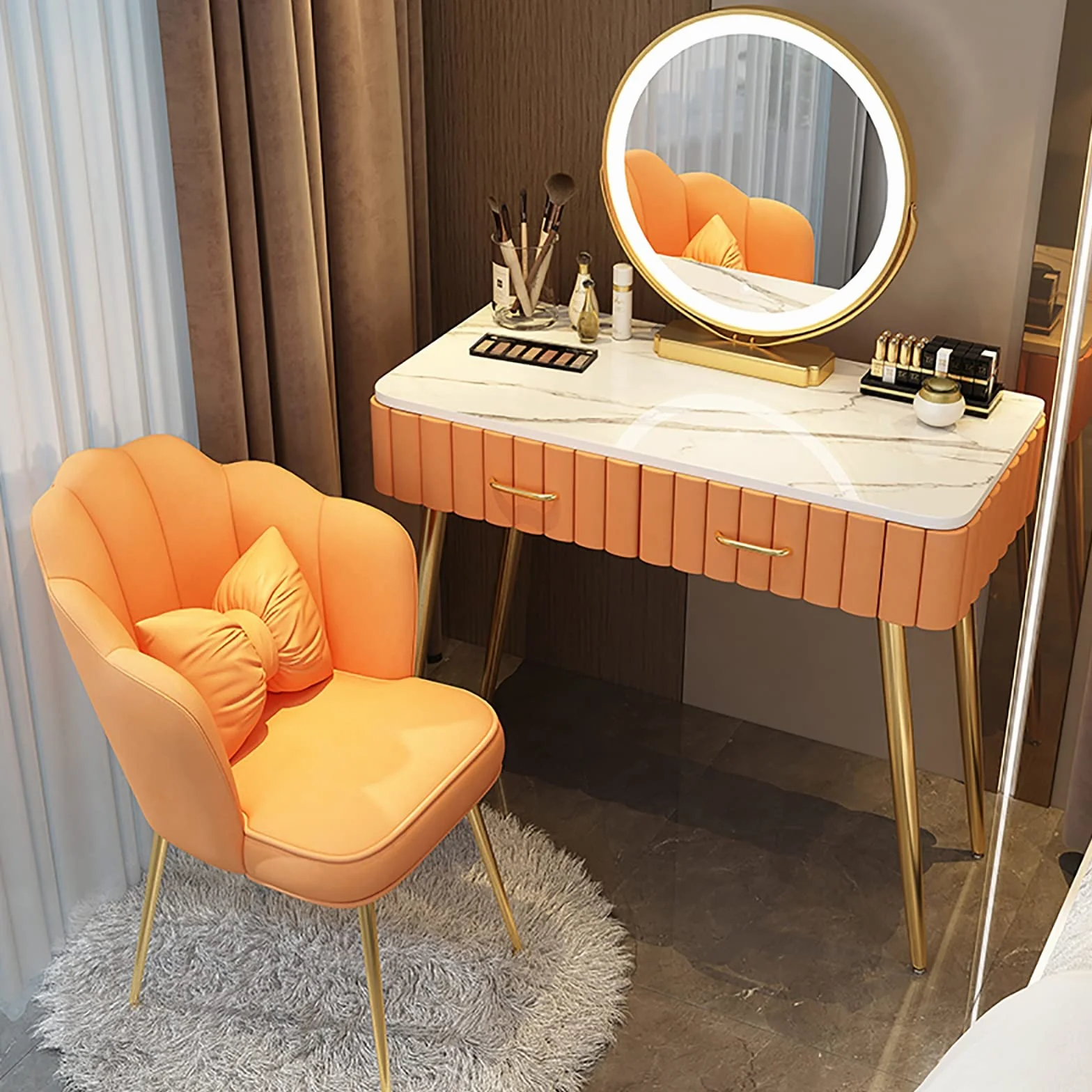Juego de tocador con luz LED con espejo abatible, mesa de maquillaje ajustable y superficie de vidrio templado, elegante mesa de tocador para una experiencia de maquillaje glamorosa