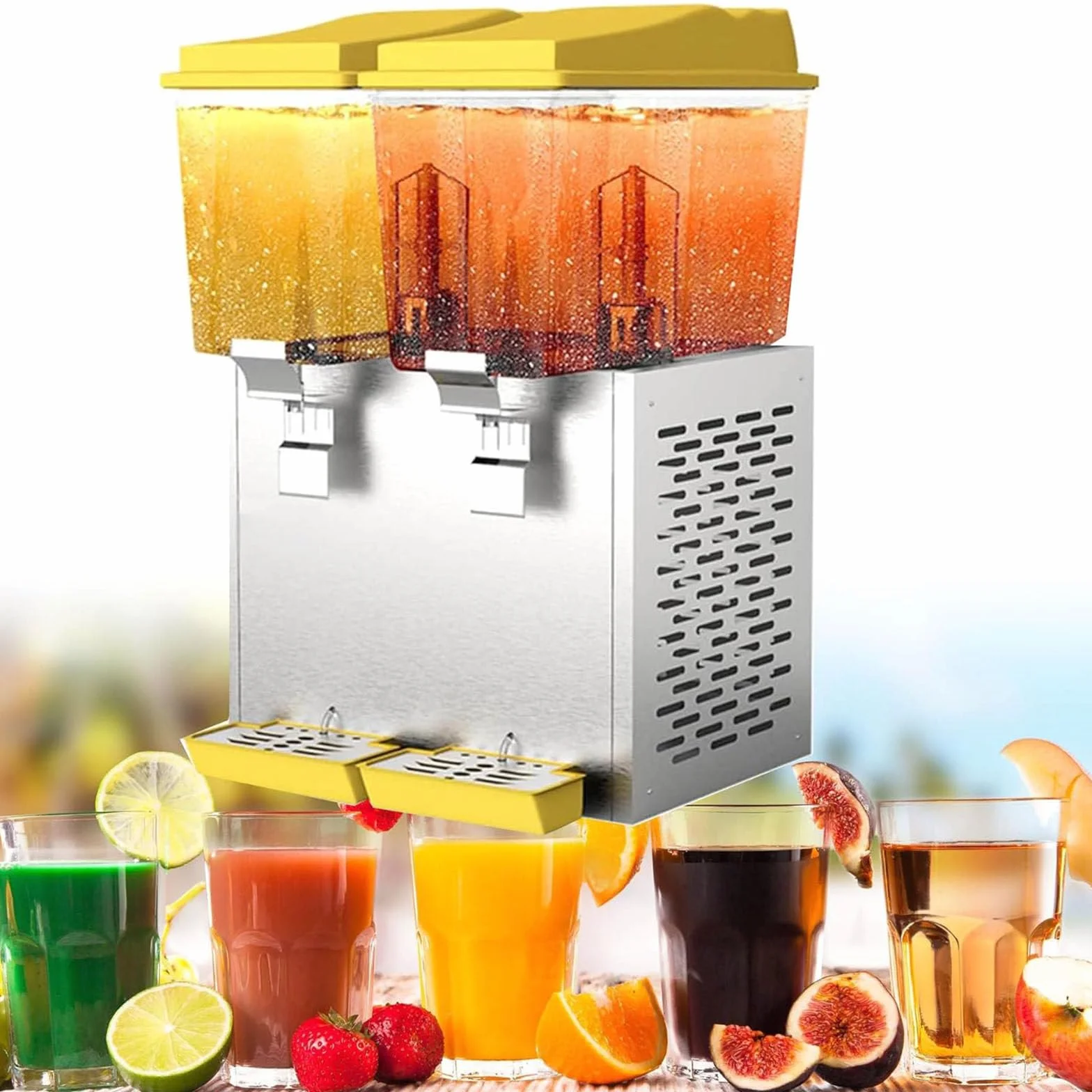 Dispensador comercial de bebidas con diseño de acero inoxidable y vidrio transparente para bufés y hospitalidad