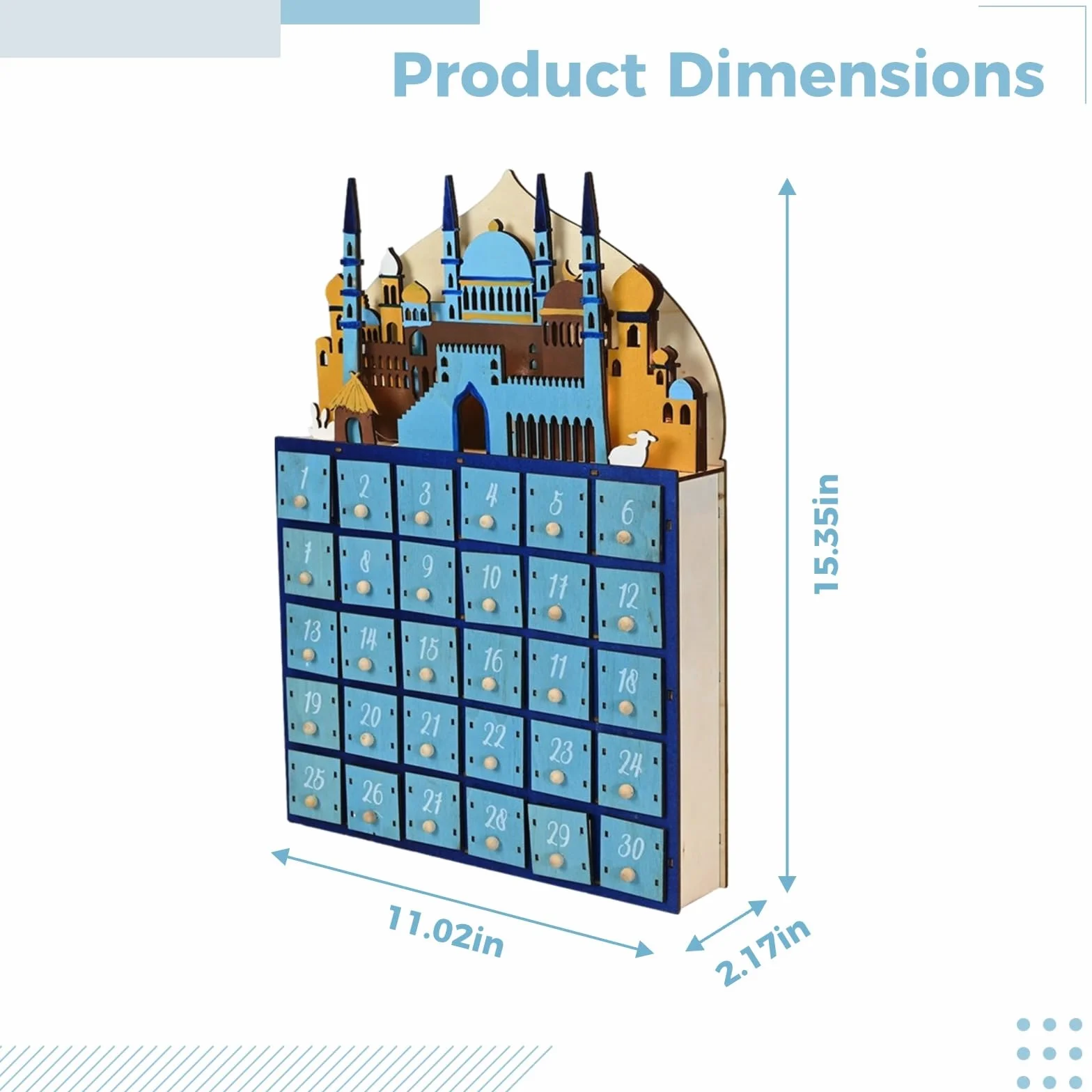Calendario de Adviento Ramadán de madera con luces LED, 28 x 5,5 x 39 cm, calendario de cuenta regresiva de 30 cajones, decoración de festival Eid, lámpara de mesa de dormitorio, decoración religiosa