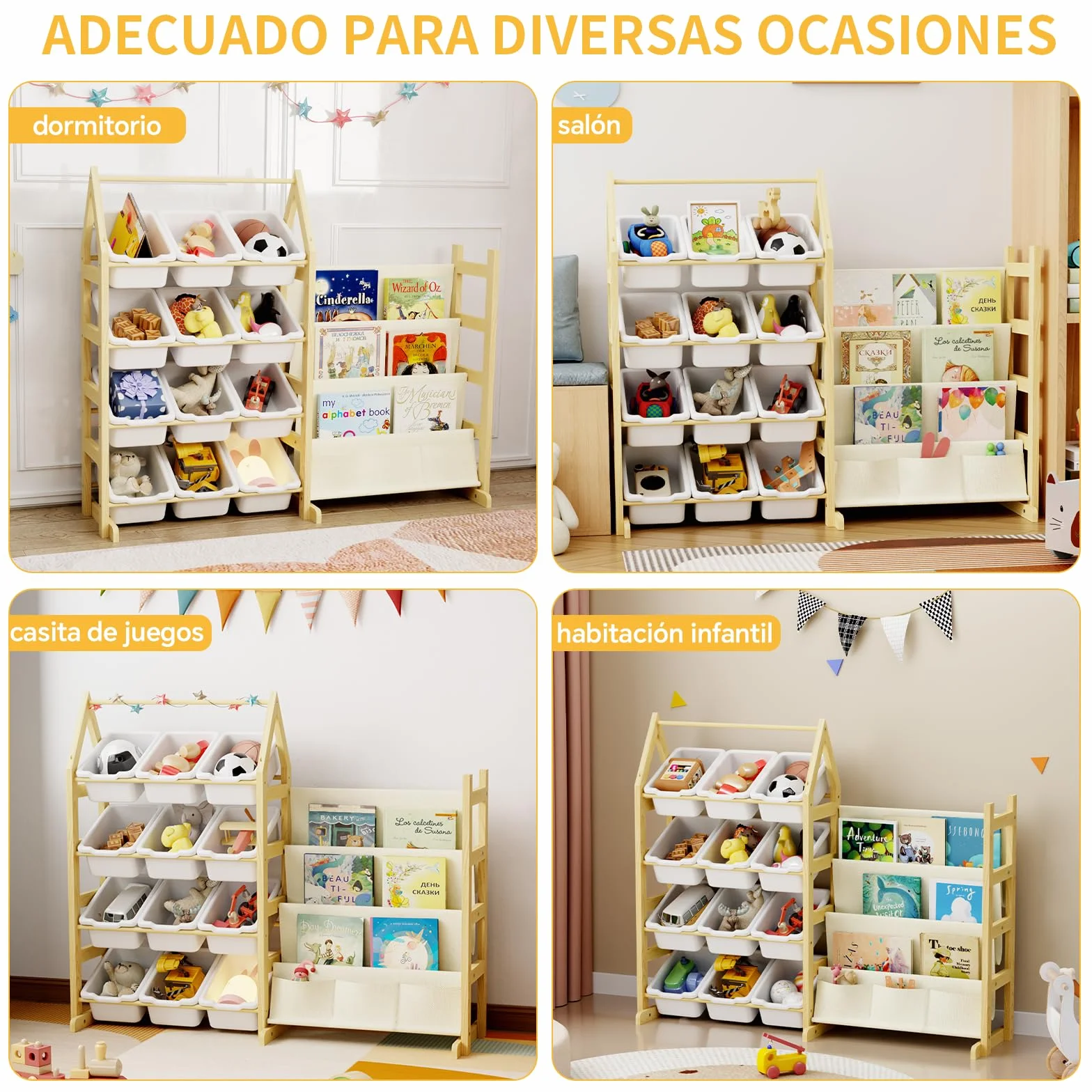 4 Niveles Organizador Juguetes Libreria Infantil Madera, con 12 Caja Almacenaje Juguetes, Mueble Juguetes Estanteria Libros Infantil Montessori, para Dormitorio, Habitación Niños, Sala Juego