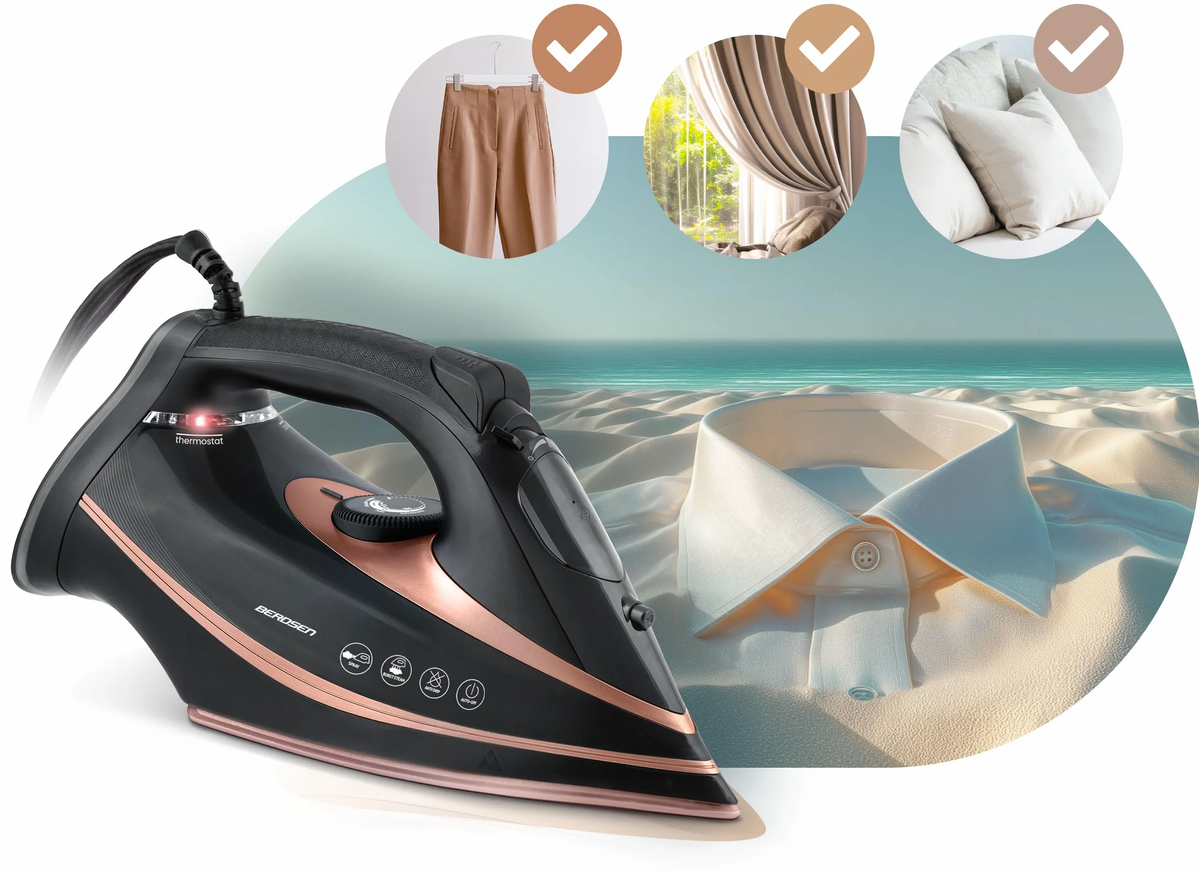 Berdsen Plancha de vapor, 3000 W, 10 en 1, con suela de cerámica, depósito de agua de 360 ml, doble golpe de vapor, color negro
