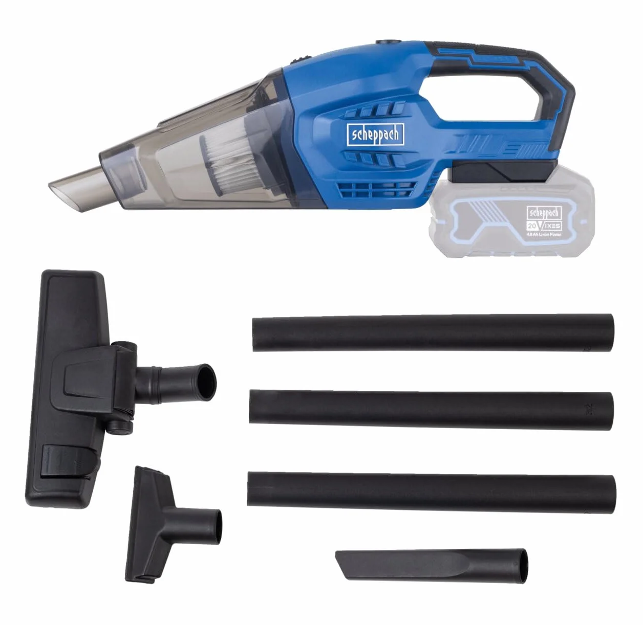 Scheppach Aspiradora de mano con batería C-HVC150-X, potencia de aspiración de 10 kPa, depósito de 560 ml, con 3 boquillas y tubos de extensión, serie 20 V-IXES, sin batería ni cargador