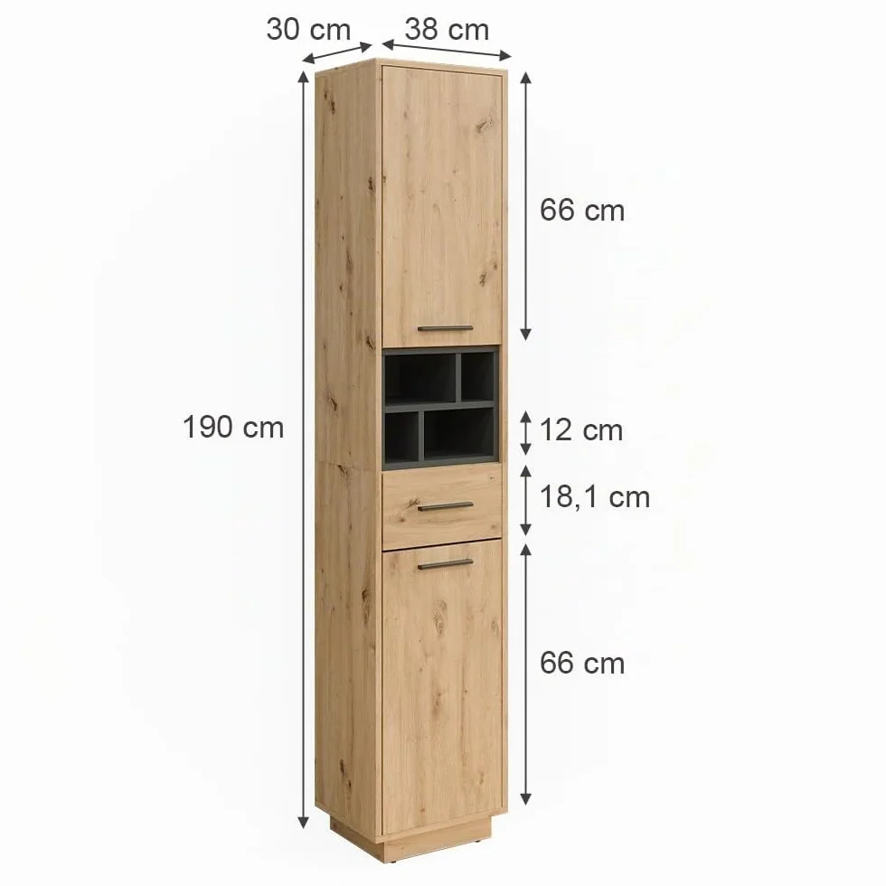 Vicco Armario de baño Beatrice, Roble Artesanal/Antracita, 38 x 190 cm con Puertas, cajón, para el Almacenamiento de artículos de baño y Compatible con Beatrice