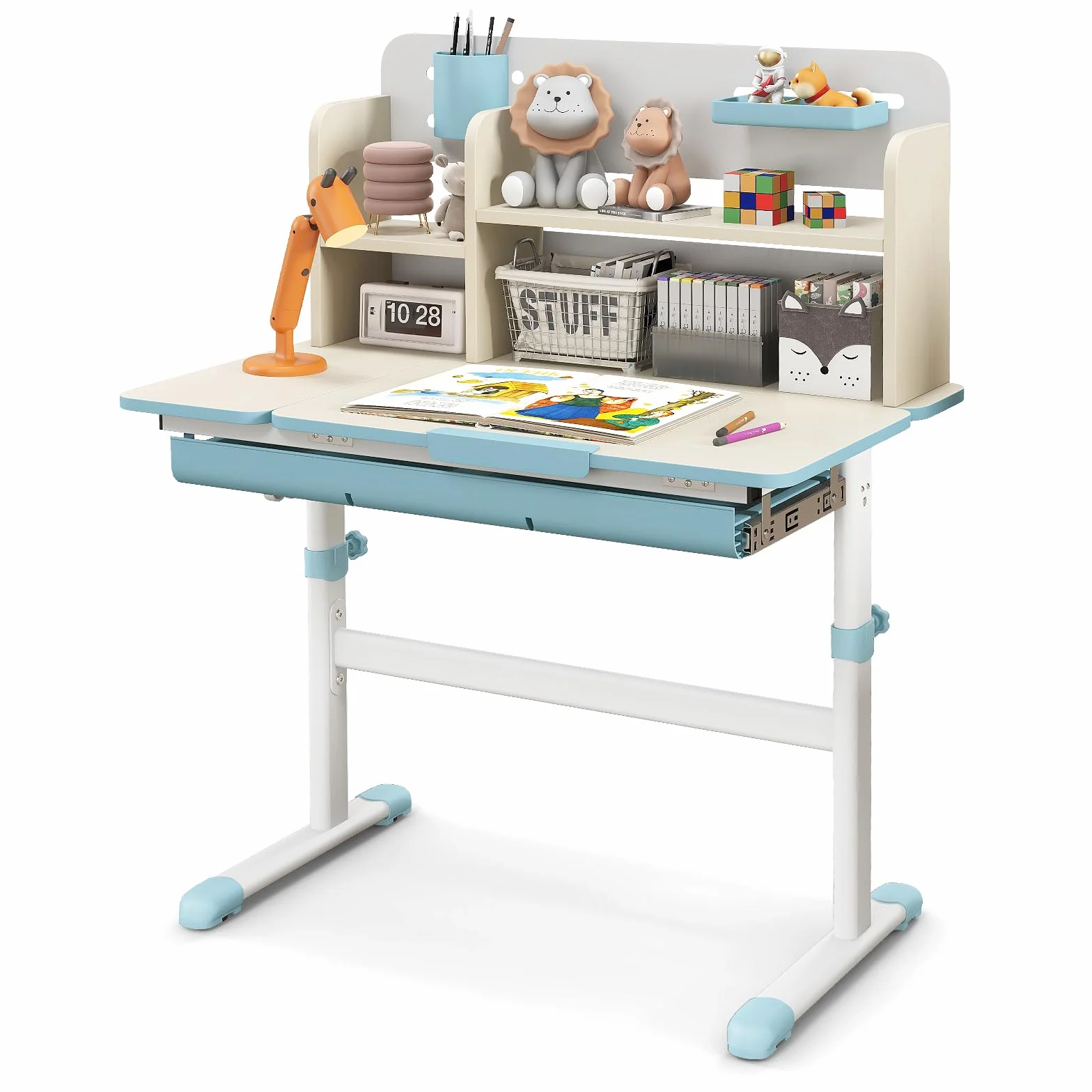 GOPLUS Escritorio de Estudio Infantil Multifuncional con Escritorio Inclinable, Mesa de Estudio para Niños Altura Ajustable, Cajón Extraíble, Soporte para Libros, para Niños de 3-12 Años (Azul)