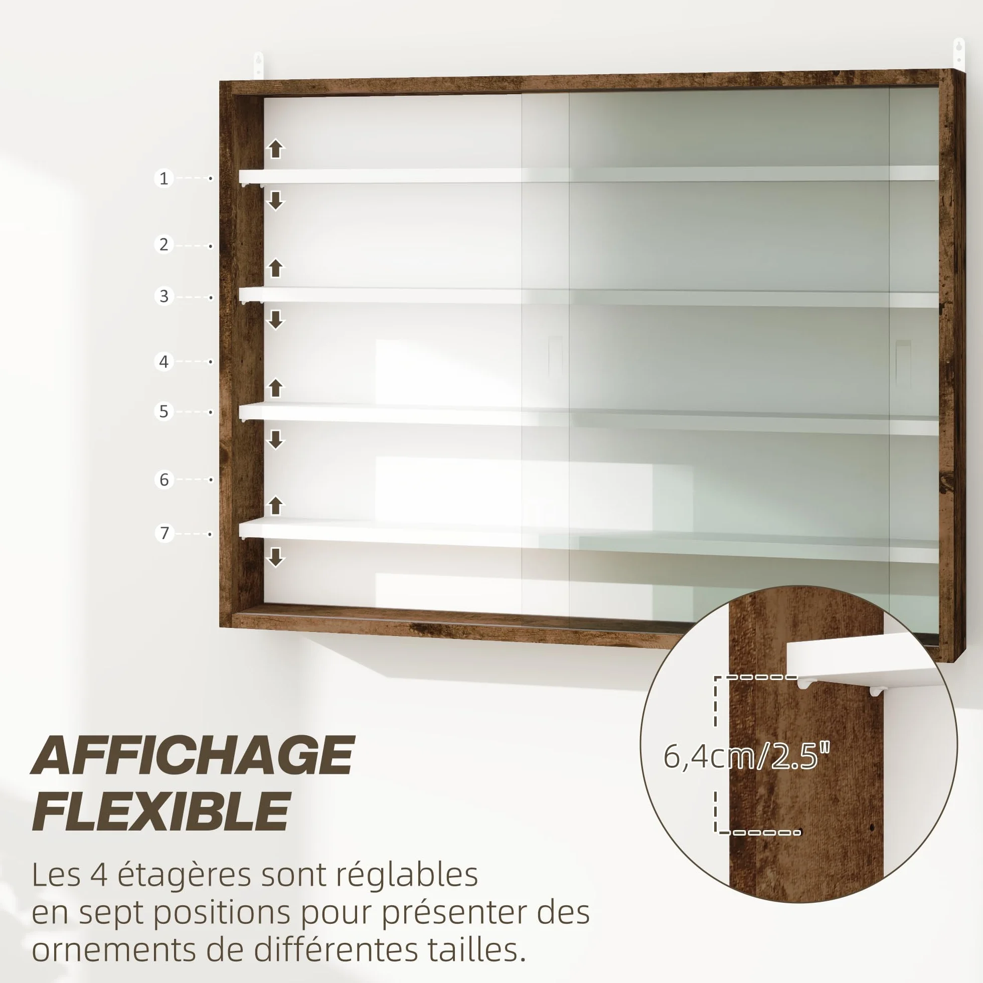HOMCOM Vitrina para colección Armario de Pared 80 x 9,5 x 60 cm con 4 estantes Regulables en Altura y 2 Puertas correderas de Cristal, para Colecciones de Coches en Miniatura y figuritas, marrón