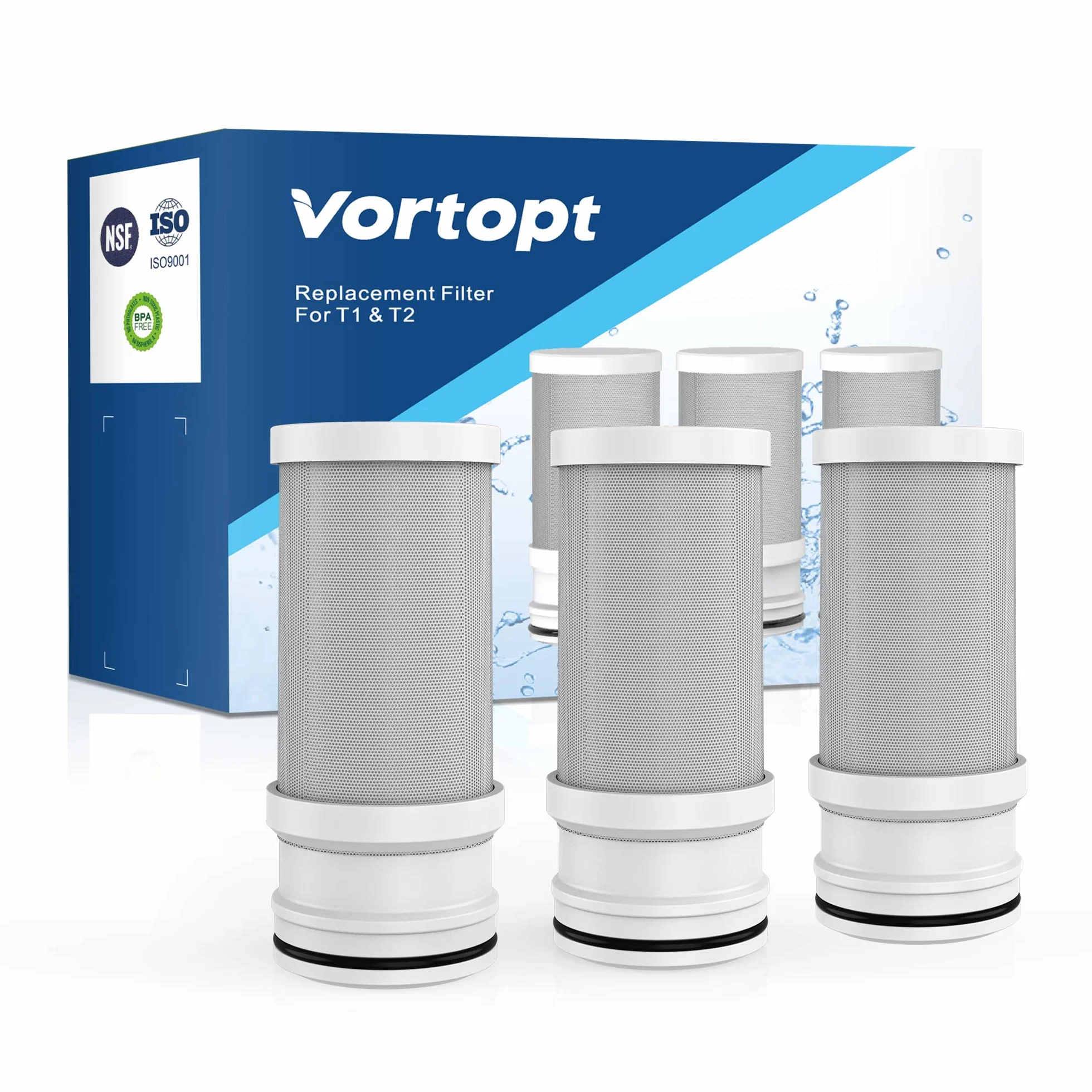 Vortopt Repuesto certificado NSF para agua de grifo T1-ACF/T2-ACF, 3-6 meses de vida útil, reduce el cloro, el sabor y el olor, filtro T1/T2 (paquete de 3)