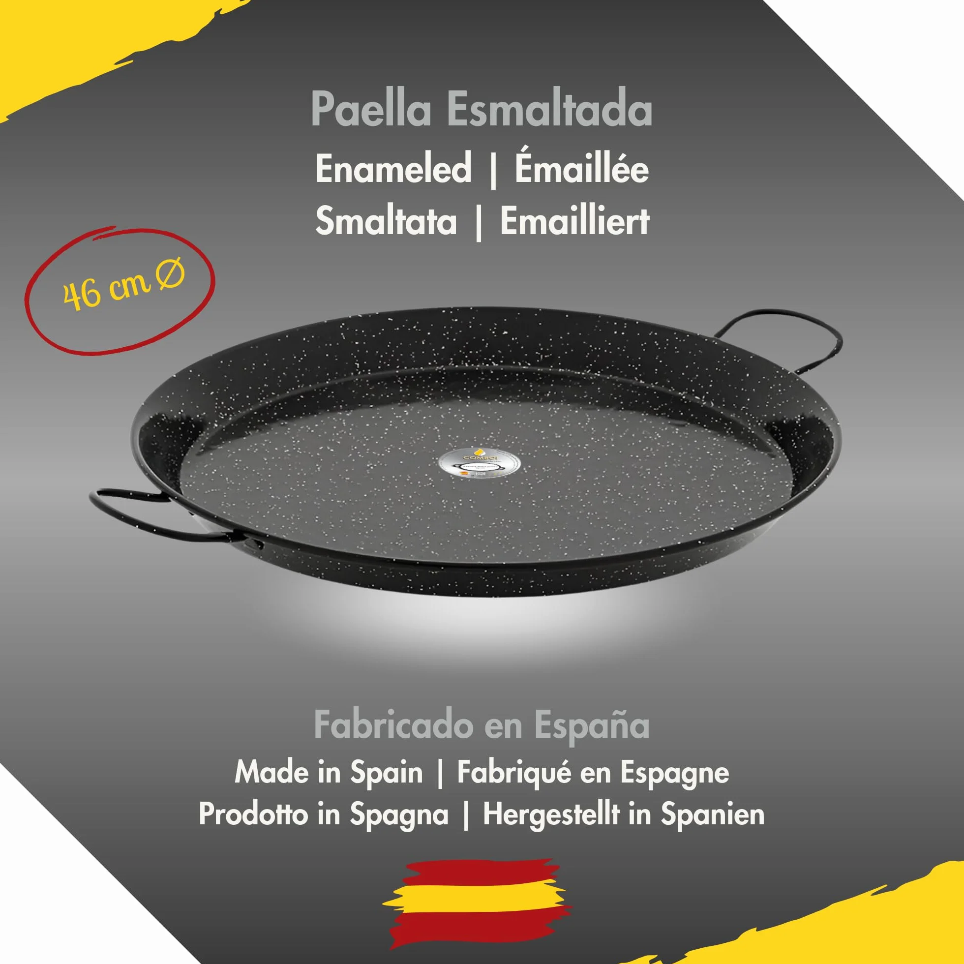 COMBOI Paellero gas butano 40 cm, paellera esmaltada de 46 cm,paella Kit Quemador, Regulador de gas, Manguera, Patas Soporte, nivel, delantal, Libro de Recetas digital