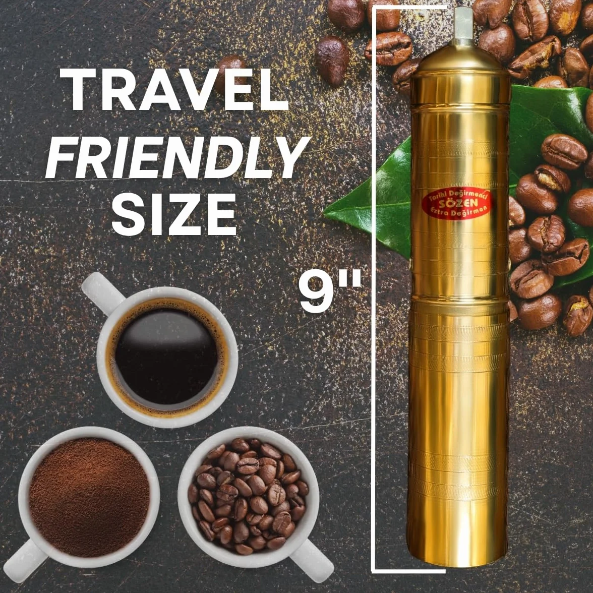 Sozen - Molinillo de café manual de latón de 9 pulgadas, molinillo de fresa de manivela para café turco, prensa francesa, espresso, camping y uso doméstico, molinillo cónico ajustable