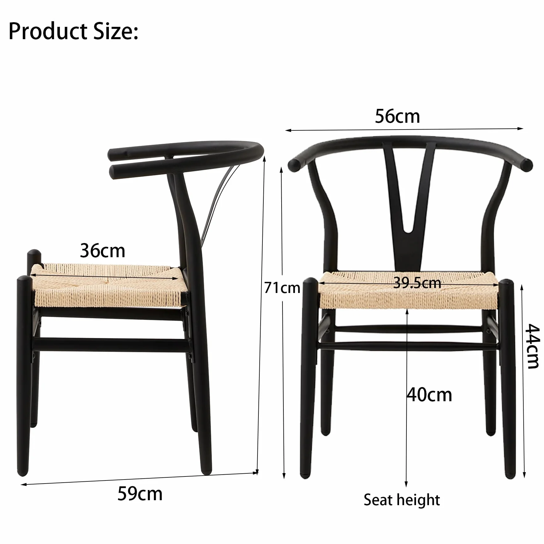 Juego de 4 Silla de Comedor Tejida Moderna, Cojín de Ratán de Alta Densidad, Patas de Metal Negro, Adecuada para Comedor, Sala de Estar, Cocina （Marco de Metal Negro）