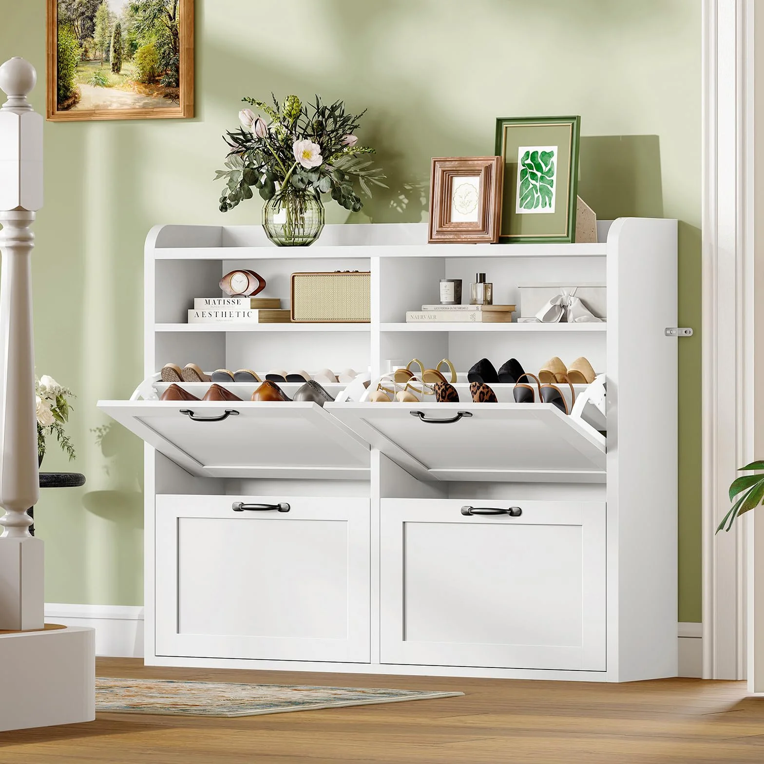 TEENFON Mueble Zapatero Recibidor Estrecho–105cm de Ancho, Armario Zapatero con 4 Solapas y 2Compartimentos Abiertos, Estantes Ajustables, para16–24Pares de Zapatos, Apto para Pasillo,Recibidor,Blanco