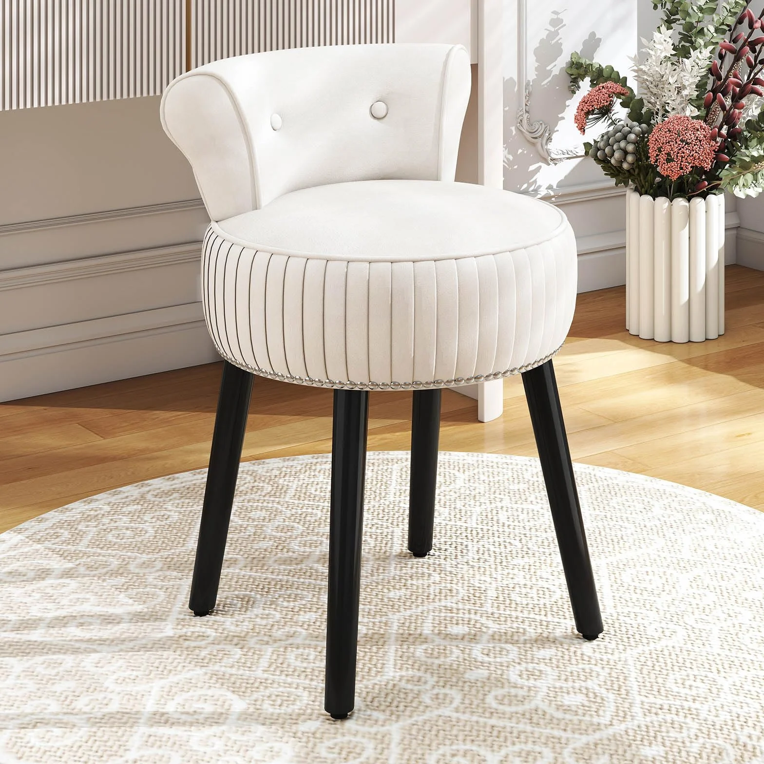 GIANTEX Silla para Tocador, Taburete de Maquillaje con Respaldo, Silla Acolchada de Terciopelo con Patas de Madera de Caucho, Sillón Moderno sin Brazos para Dormitorio Vestidor Sala de Estar (Beige)
