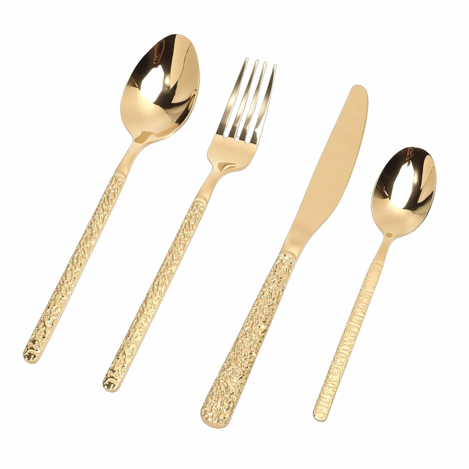 Bewinner Juego de Cubiertos de Acero Inoxidable, Cubiertos Elegantes para 6 Personas, Juego de Utensilios de Comedor para Fiesta y Boda, para Restaurante (Patrón De Piedra Oro)