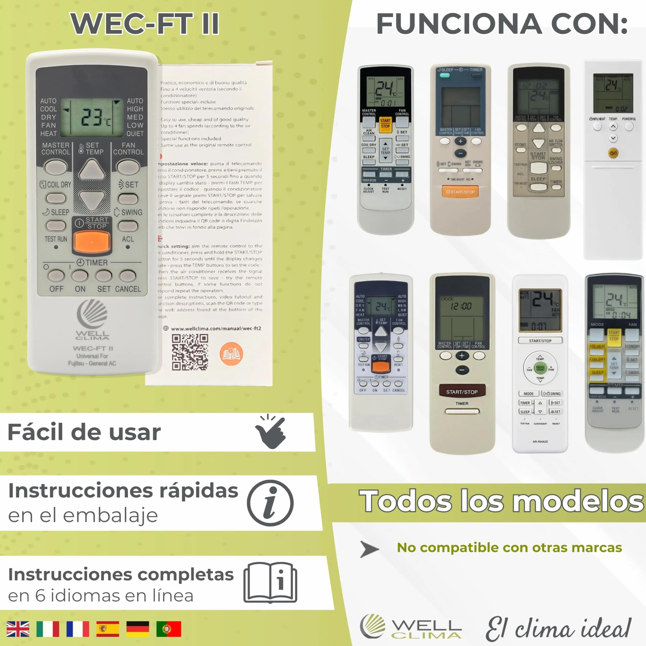 Wellclima WEC-FT II Mando Universal Compatible con Aires Acondicionados Fujitsu y General, Funciones Avanzadas, 4 Velocidades de Ventilador