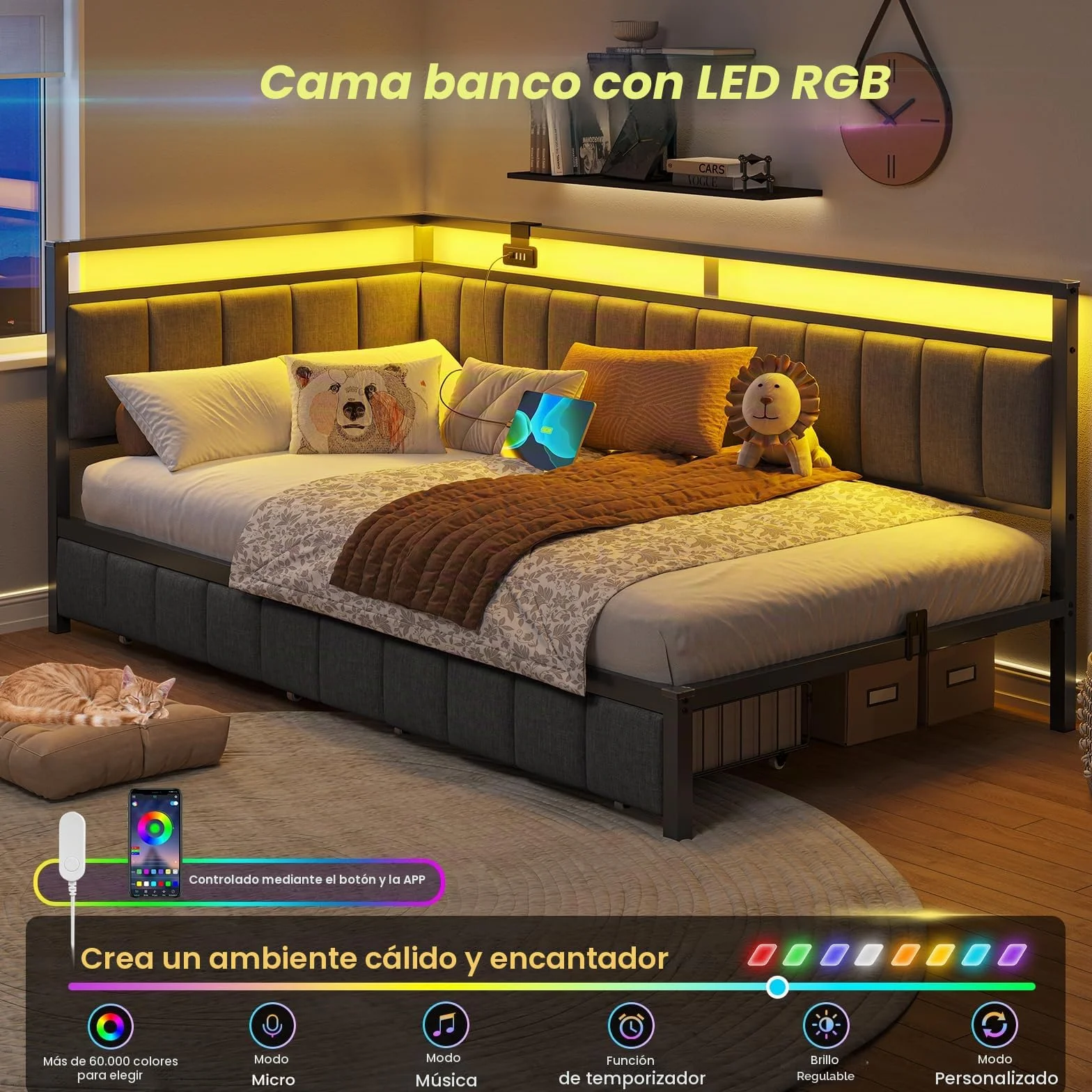 DICTAC Sofá Cama de 90 x 190 con iluminación LED y Toma USB, Estructura de Cama de 90x190 con somier de láminas de Metal, Cama banqueta con Cama Nido y cajones de Almacenamiento para niños, Gris