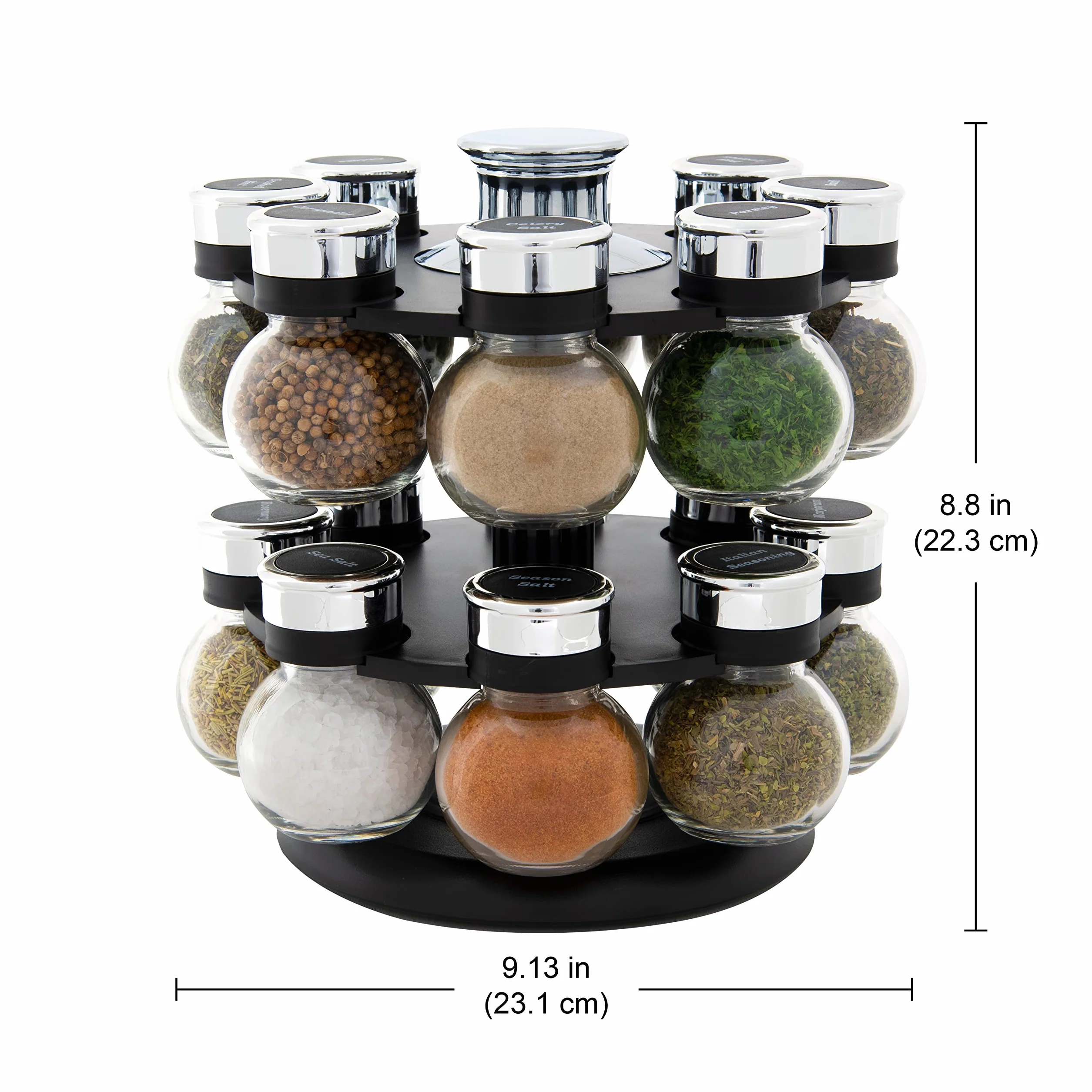 Kamenstein Ellington - Especiero giratorio para encimera de 16 tarros con tapas de elevación y vertido y especias incluidas, recambios de especias gratis durante 5 años: negro y cromado