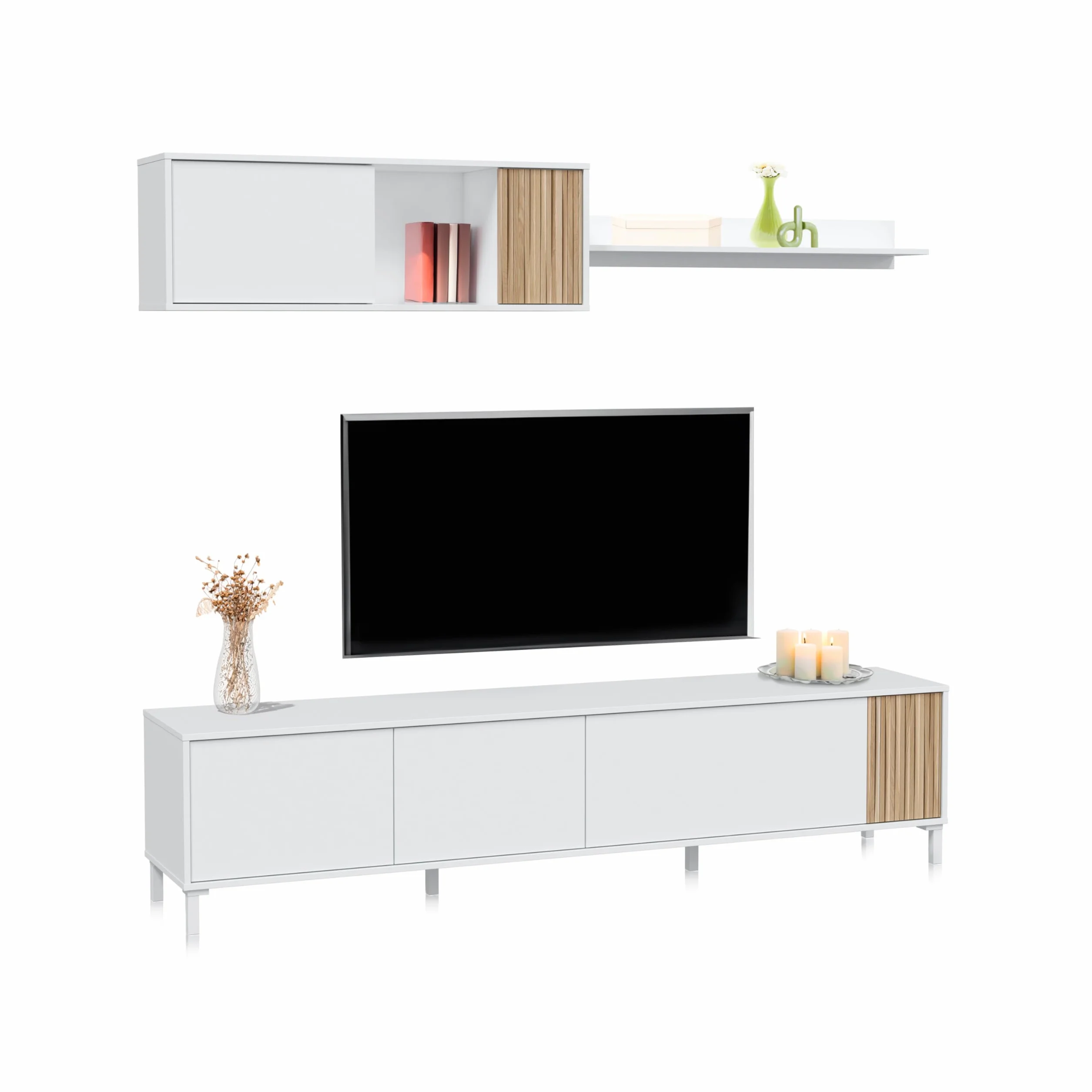 duehome | Conjunto de Salon, Mueble de TV, Modulos de Comedor, Modelo Nitza, Acabado en Blanco Artik y Natur, Medidas: 200 cm (Largo) x 40 cm (Fondo) x 47 cm (Alto)
