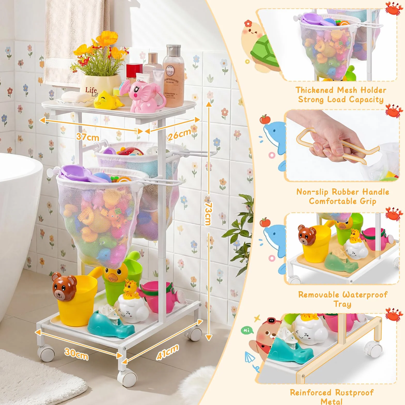 Organizador Juguetes de Baño - Carrito para Juguetes de Bañera con Ruedas | Carrito de almacenamiento para juguetes de baño de bebé, con 2 redes de secado rápido y estantes de ducha portátiles.