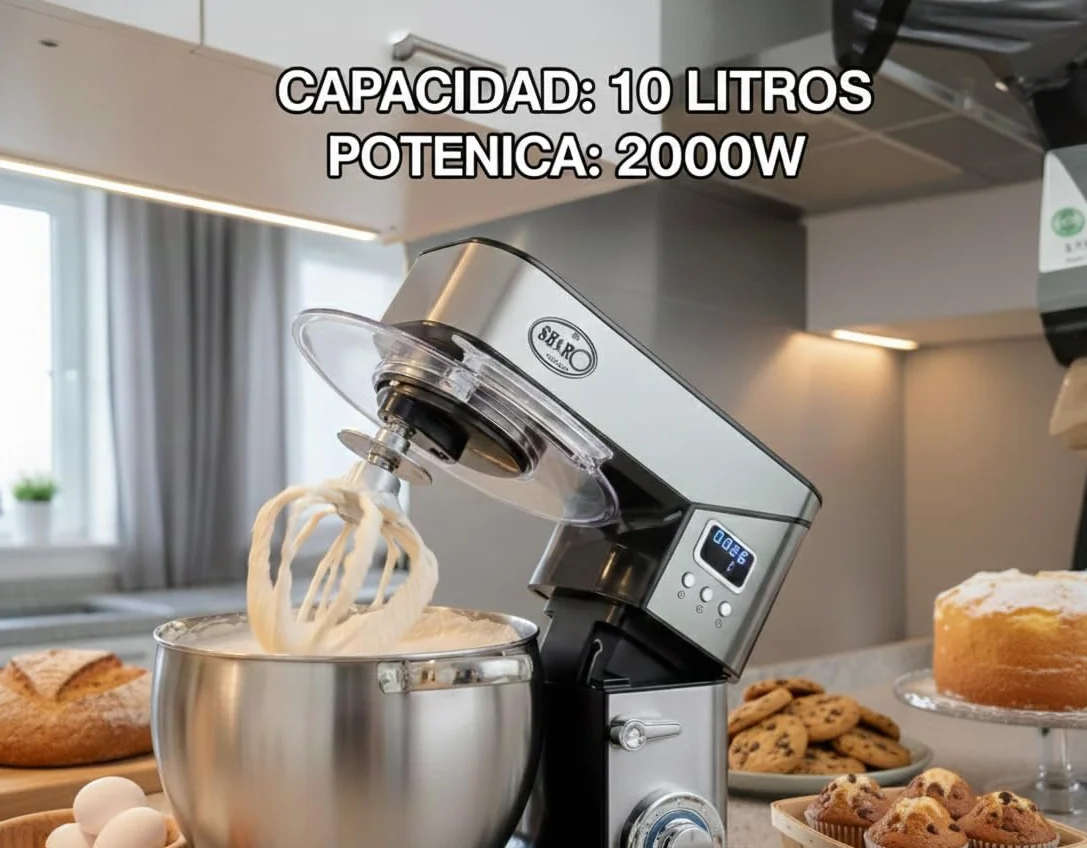 Batidora Amasadora 2000W 10L Amasadora Repostería 6 Velocidades Robot de Cocina Pantalla LCD & función de fermentación con Amasador, Batidor, Varillas y Protección para Salpicaduras