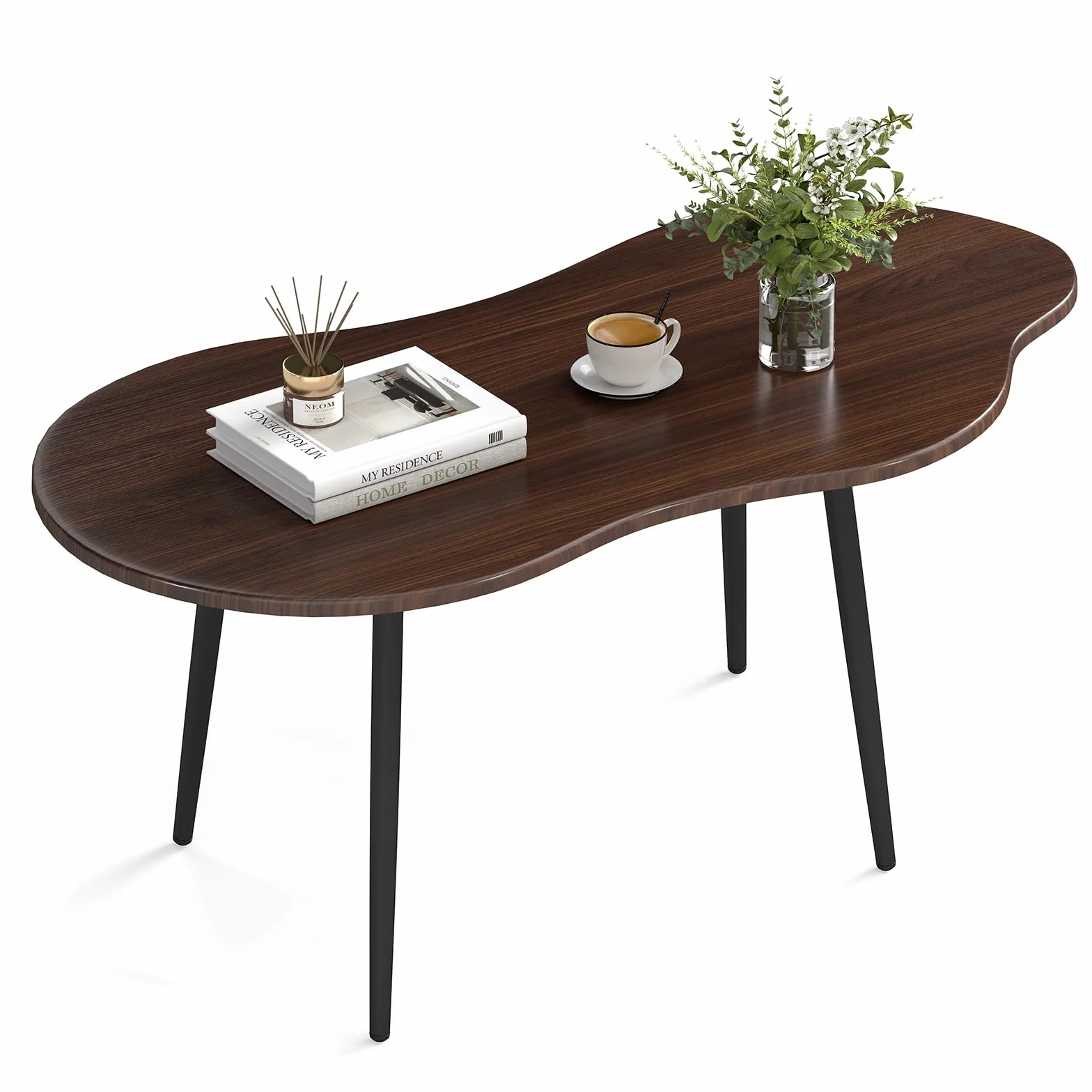 COSTWAY Mesa de Centro con Forma de Nube, Mesita Central Irregular Moderna con Estructura Metálica, Mesita Auxiliar de Madera Decorativa para Saon Oficina Espacios Pequeños, 100 x 50 x 44 cm (Nogal)