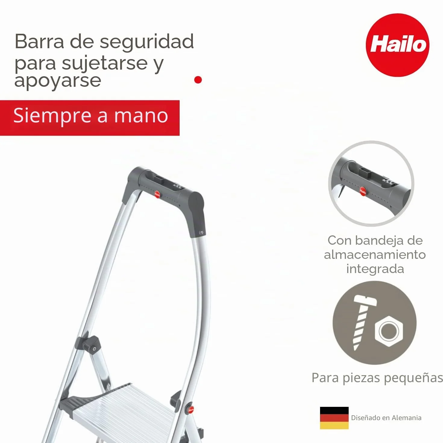Hailo 4303-201 Taburete de Aluminio con Estribo Alto de Seguridad (3 peldaños) Plateado (4303-321)