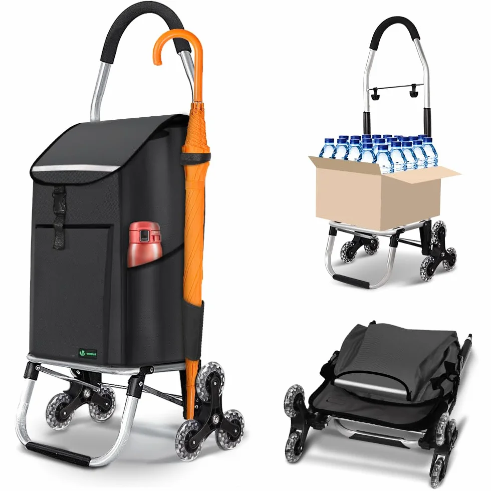VOUNOT® Carrito Compra Plegable de Aluminio, Carro de la Compra 6 Ruedas con Bolsa Oxford Desmontable y Ganchos, 58L, Negro