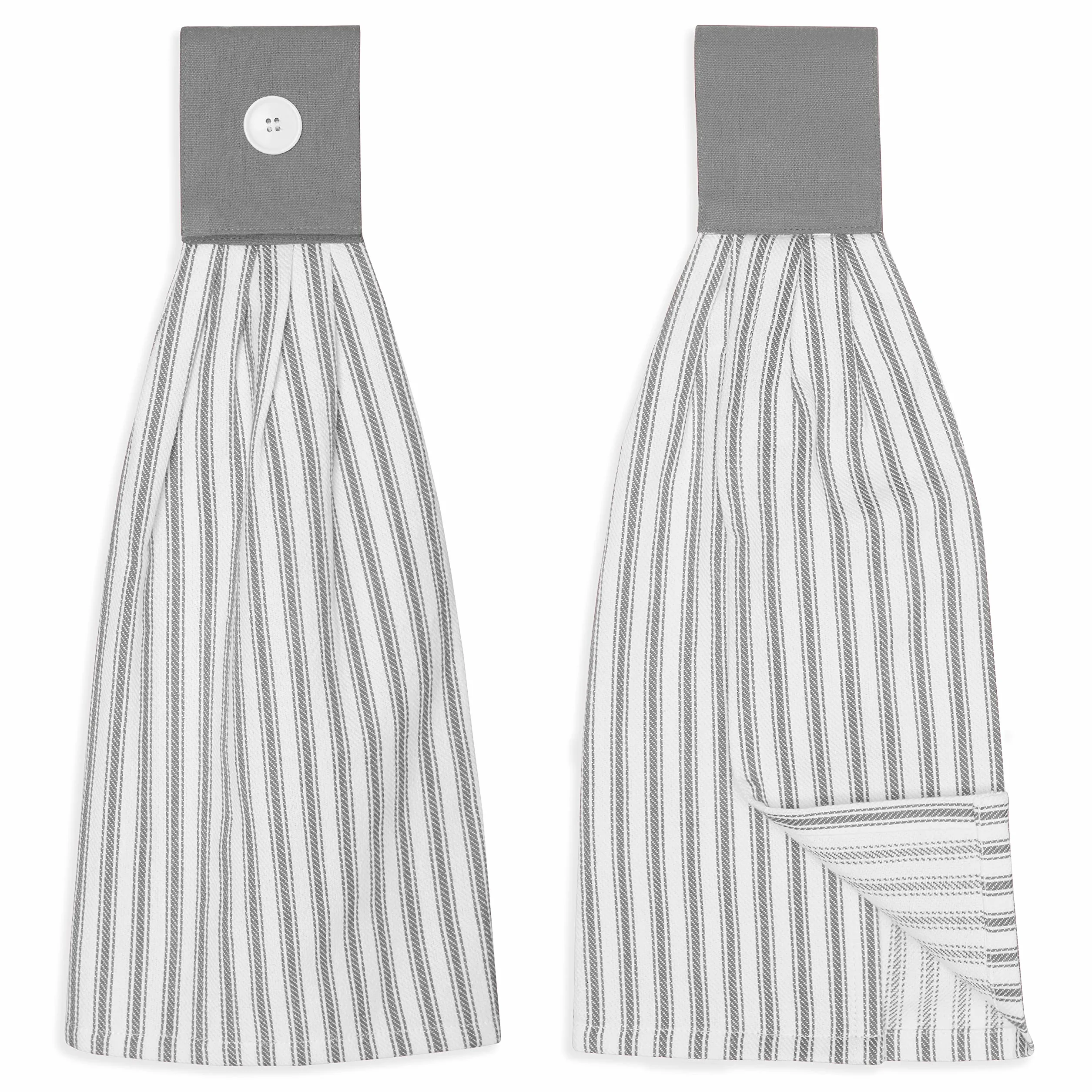 Juego de 2 toallas de mano de aleación gris y blanca para colgar platos de cocina con detalles de botón, color gris y blanco