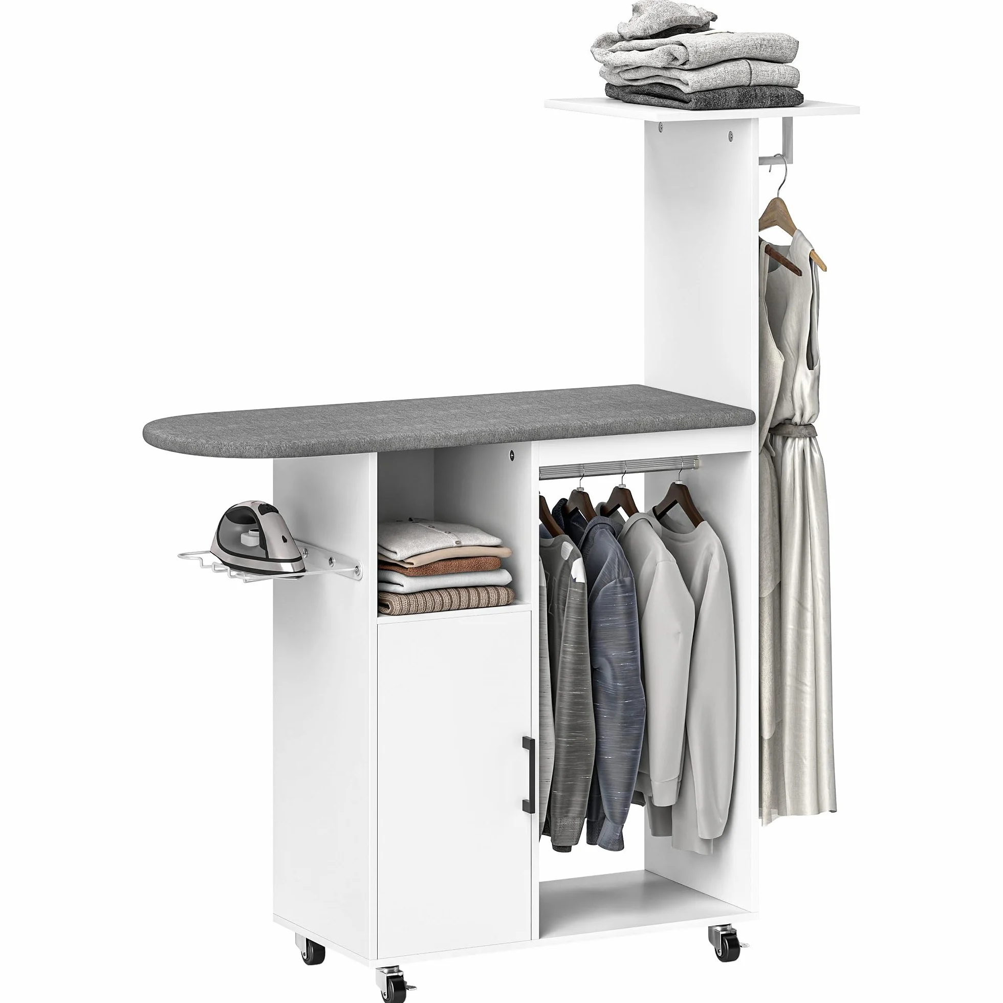 HOMCOM Mueble de Planchar Ruedas Soporte Lateral 127,5x43,5x153 cm Blanco | Mueble de Planchado, Tabla de Planchar, Barra para Ropa, Estante Ajustable