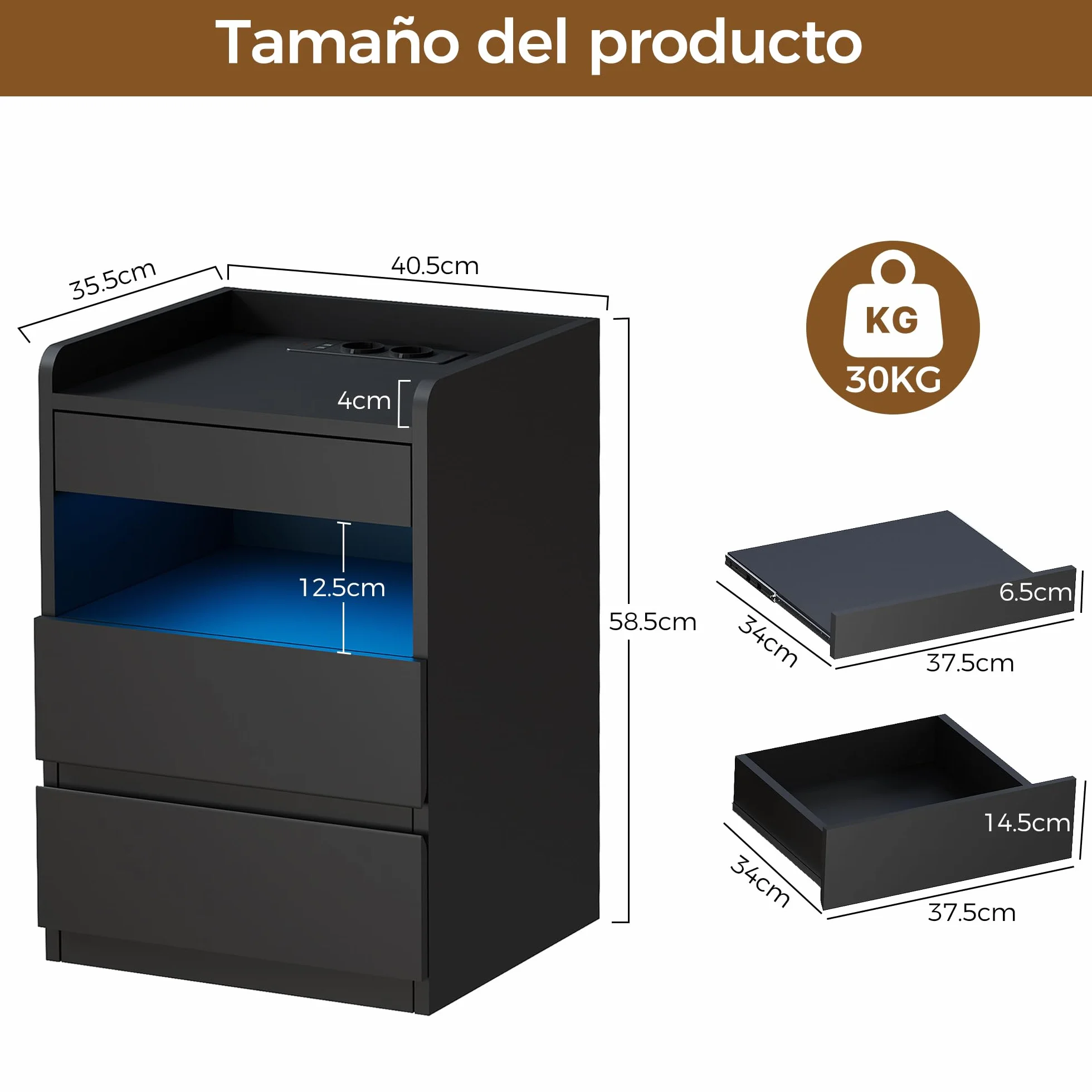 BEWISHOME Juego de 2 Mesitas de Noche,con Compartimento Oculto,con Luces LED y Estación de Carga Mesas Auxiliares（2 Tomas AC 2 Puertos USB）,para Salón,Dormitorio (Negro) EFCG02B