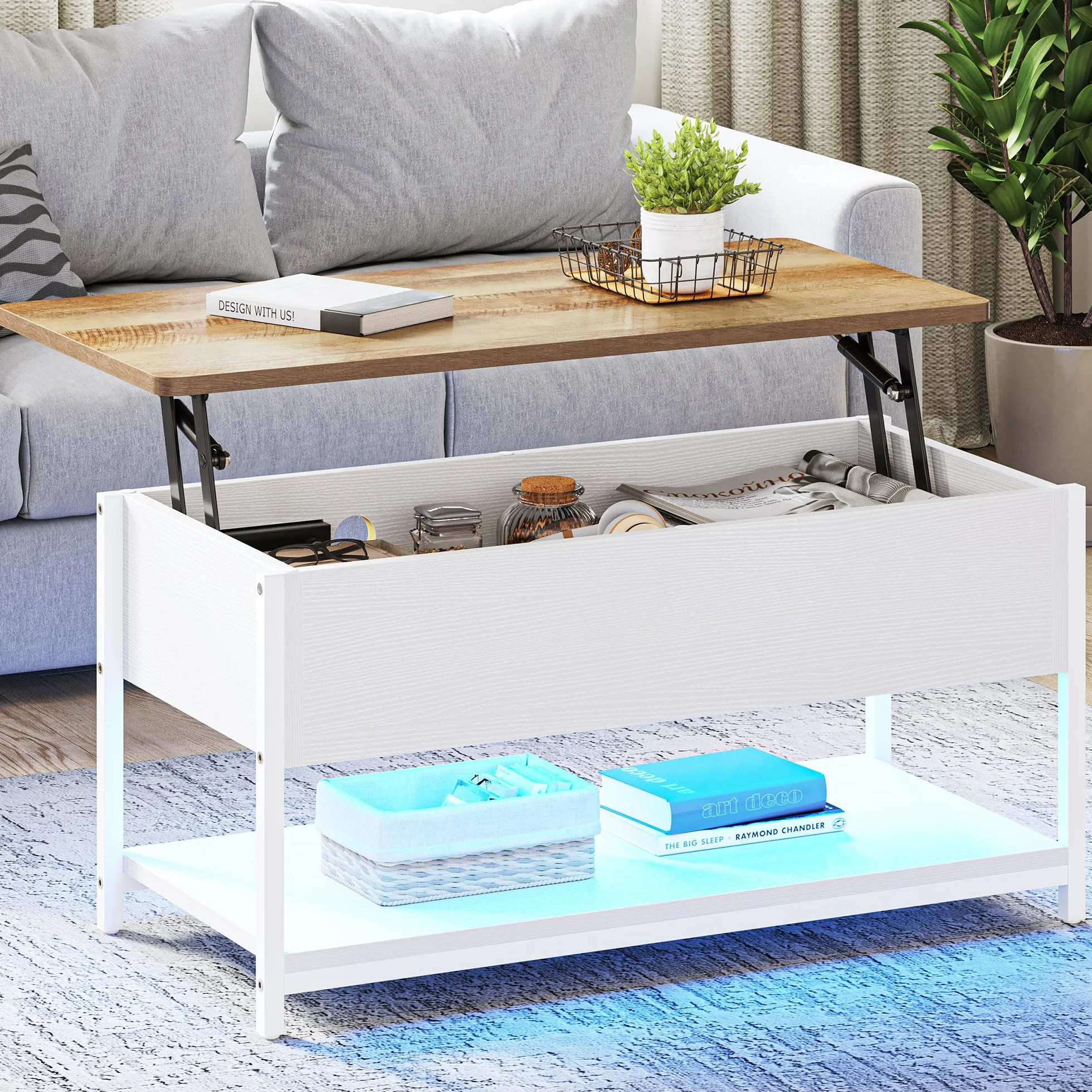 YITAHOME Mesa de Centro Elevable con LED, 2 USB y 2 Enchufes, Mesa de Café para Salón con Espacio Abierto y Oculto, 100X50X48cm, para Comedor, Dormitorio, Oficina