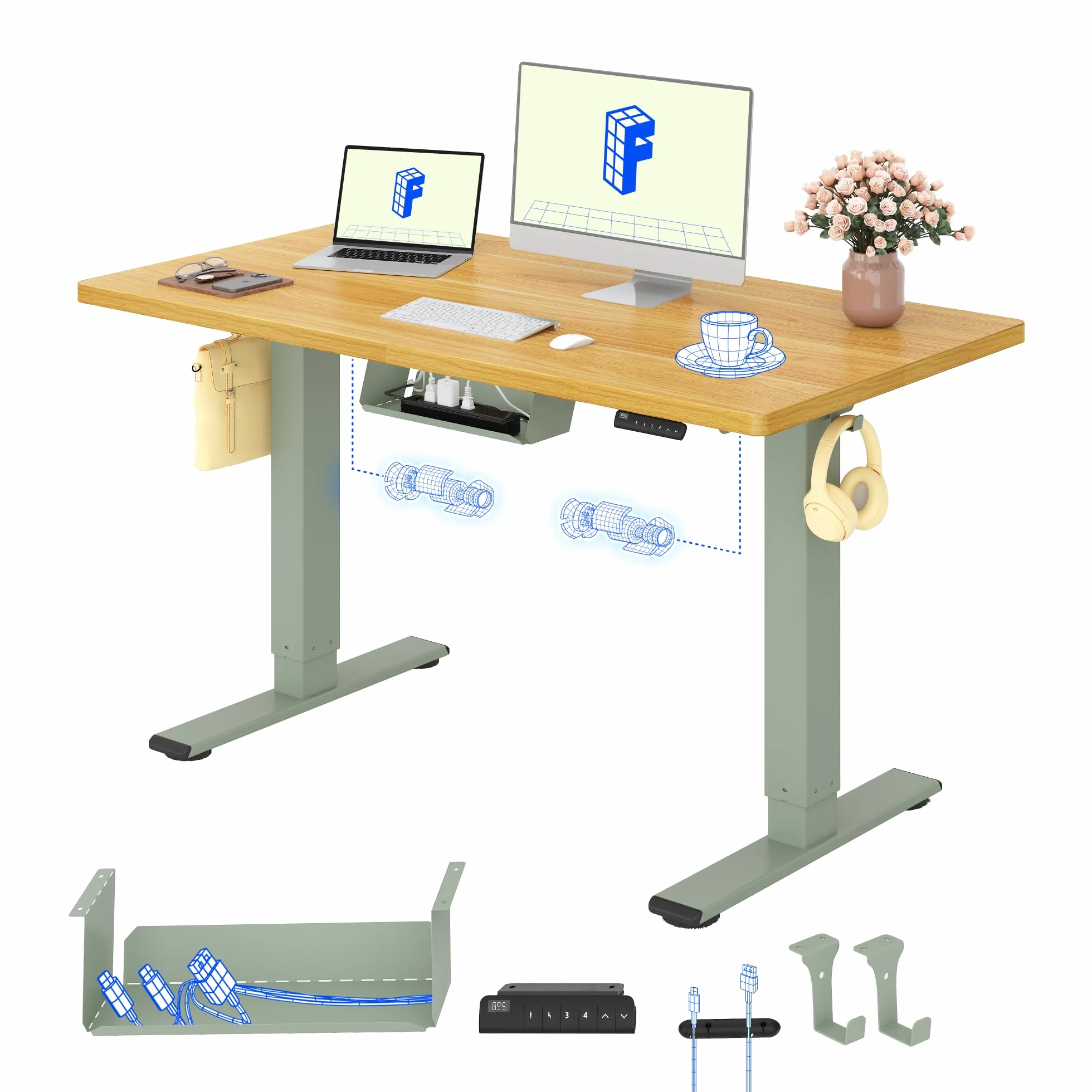 FLEXISPOT Escritorio Elevable con Dos Motores, Tablero Entero 140x80 cm, Capacidad 100 kg, Escritorio Altura Ajustable, Sistema Anticolisión, Panel de Memoria, Verde + Arce